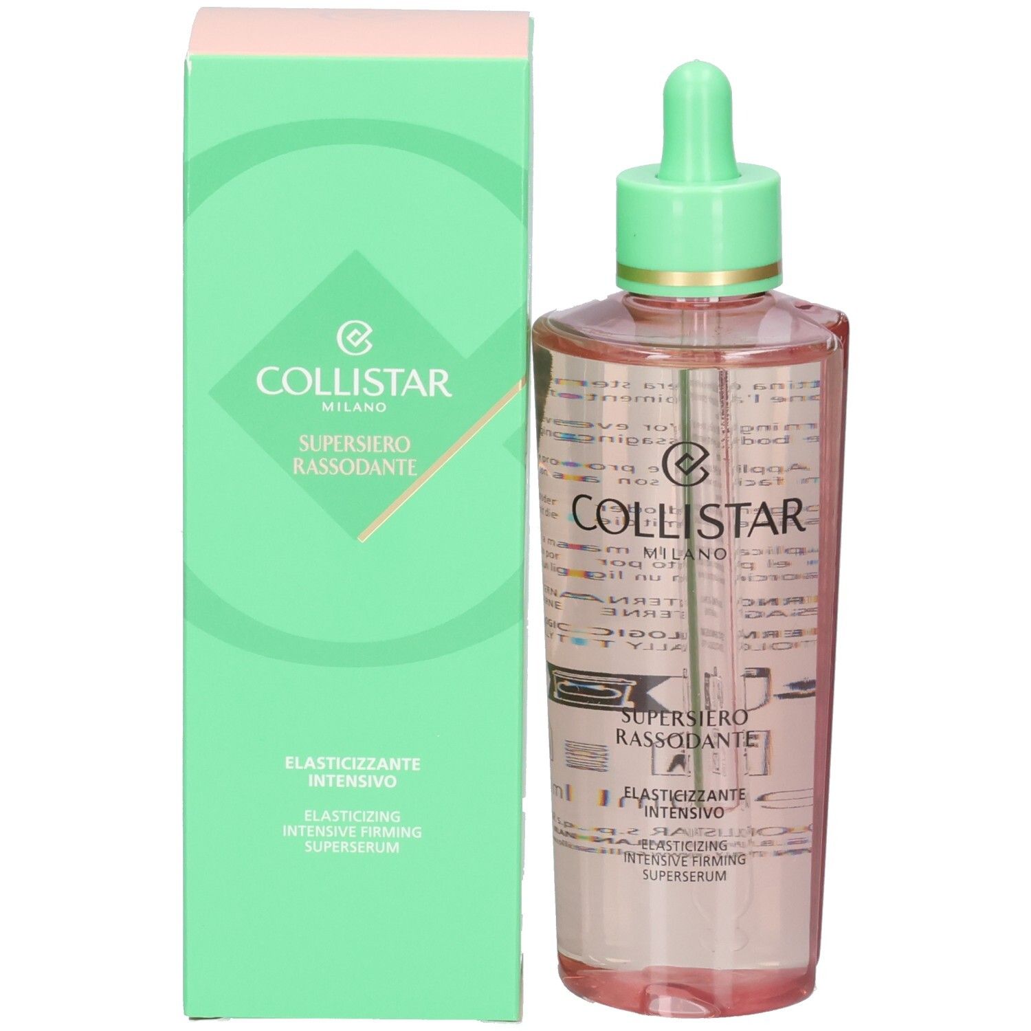 Collistar Supersiero mit Verpackung, rosa Flasche, grüner Karton.