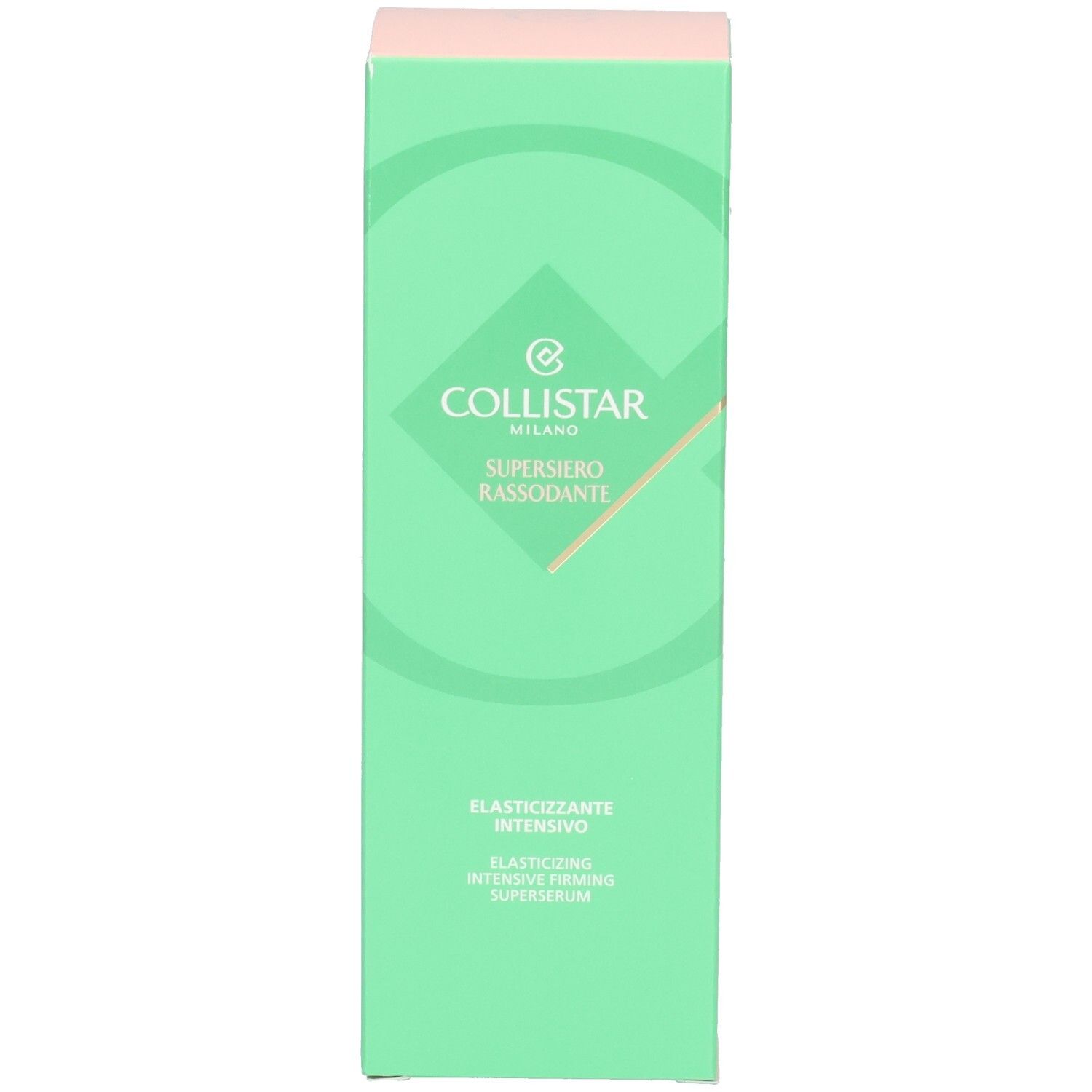 Collistar Supersiero Verpackung, grüner Karton mit rosa Akzent.