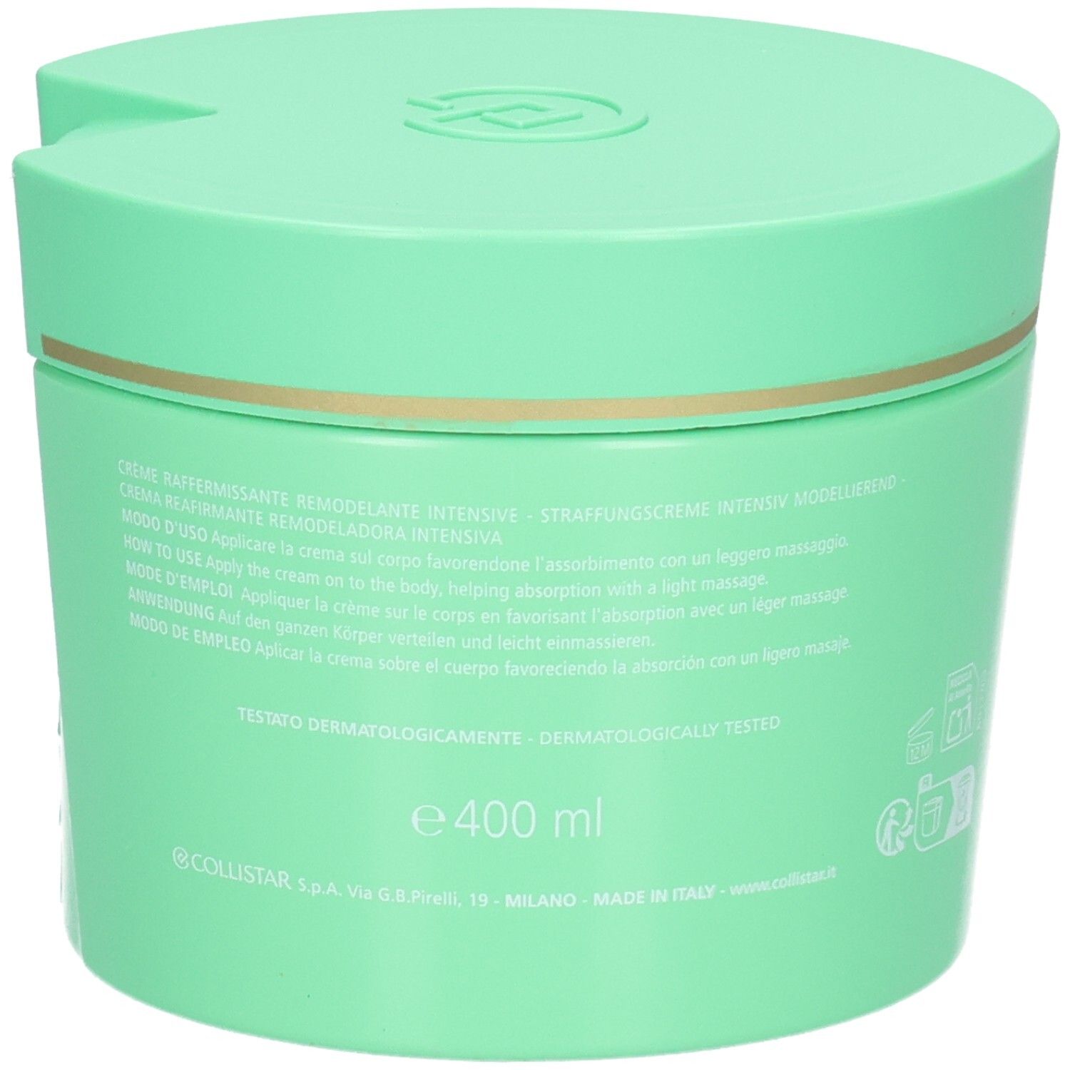 Rückseite eines grünen Tiegels mit Collistar Intensive Reshaping Firming Cream, 400 ml.