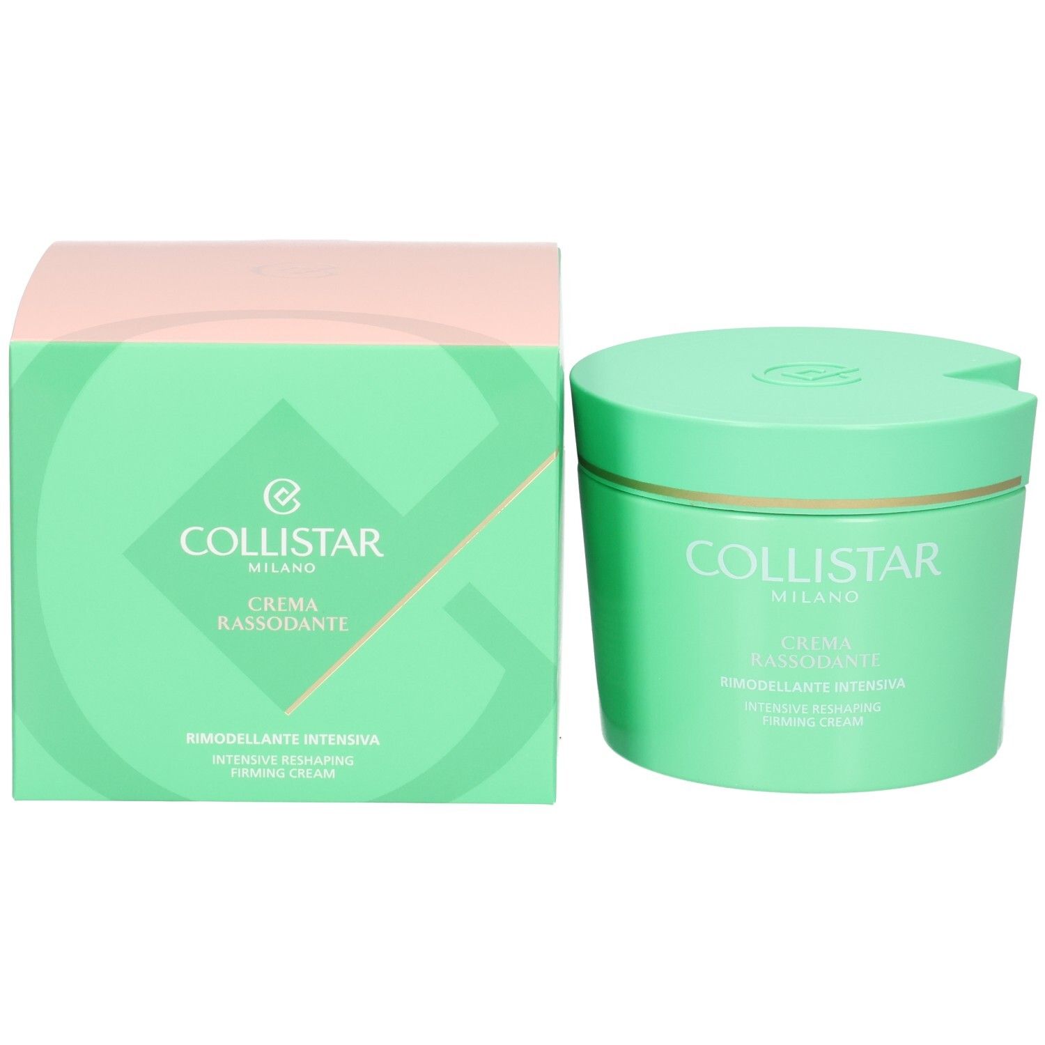 Collistar Intensive Reshaping Firming Cream Tiegel neben seiner grünen Verpackungsbox.