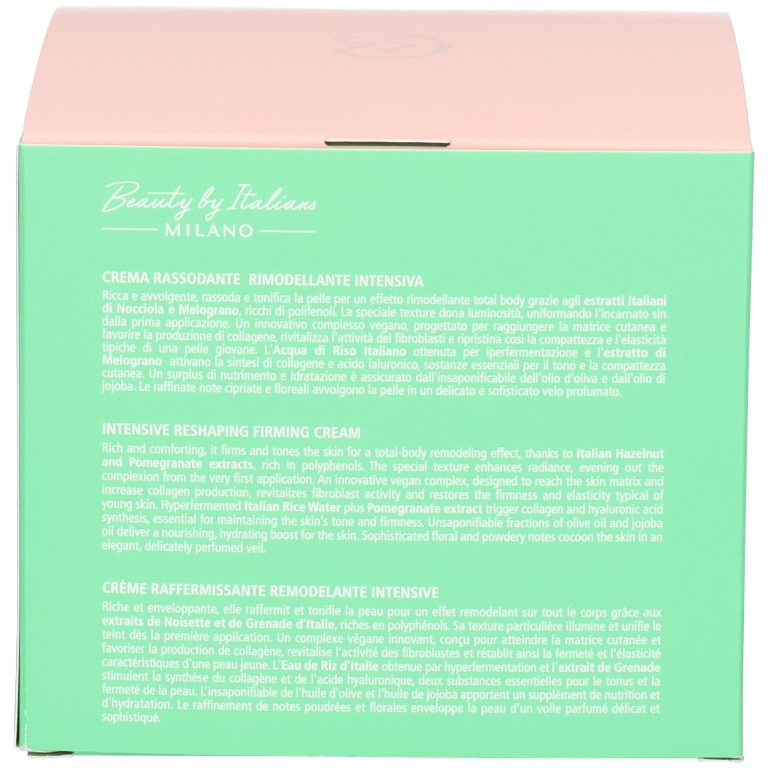 Seite einer grünen Box mit Beschreibung der Collistar Intensive Reshaping Firming Cream auf Englisch und Französisch.
