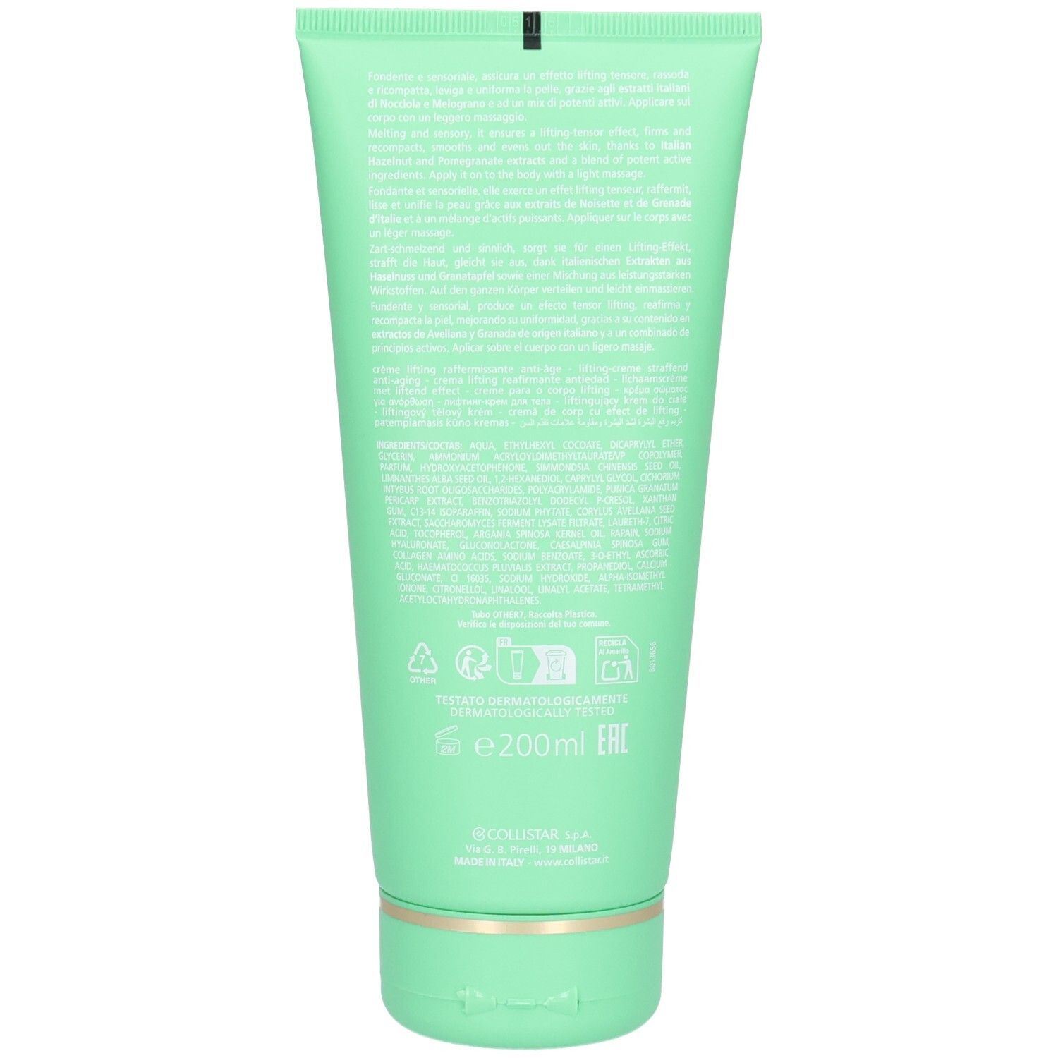 Rückseite einer mintgrünen Collistar Lifting-Creme-Tube mit Produktinformationen und 200ml-Angabe.