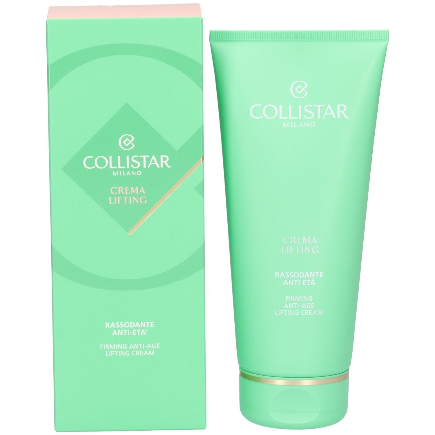 Collistar Lifting-Creme-Tube und Faltschachtel in Mintgrün mit goldenen Akzenten. Text: CREMA LIFTING.
