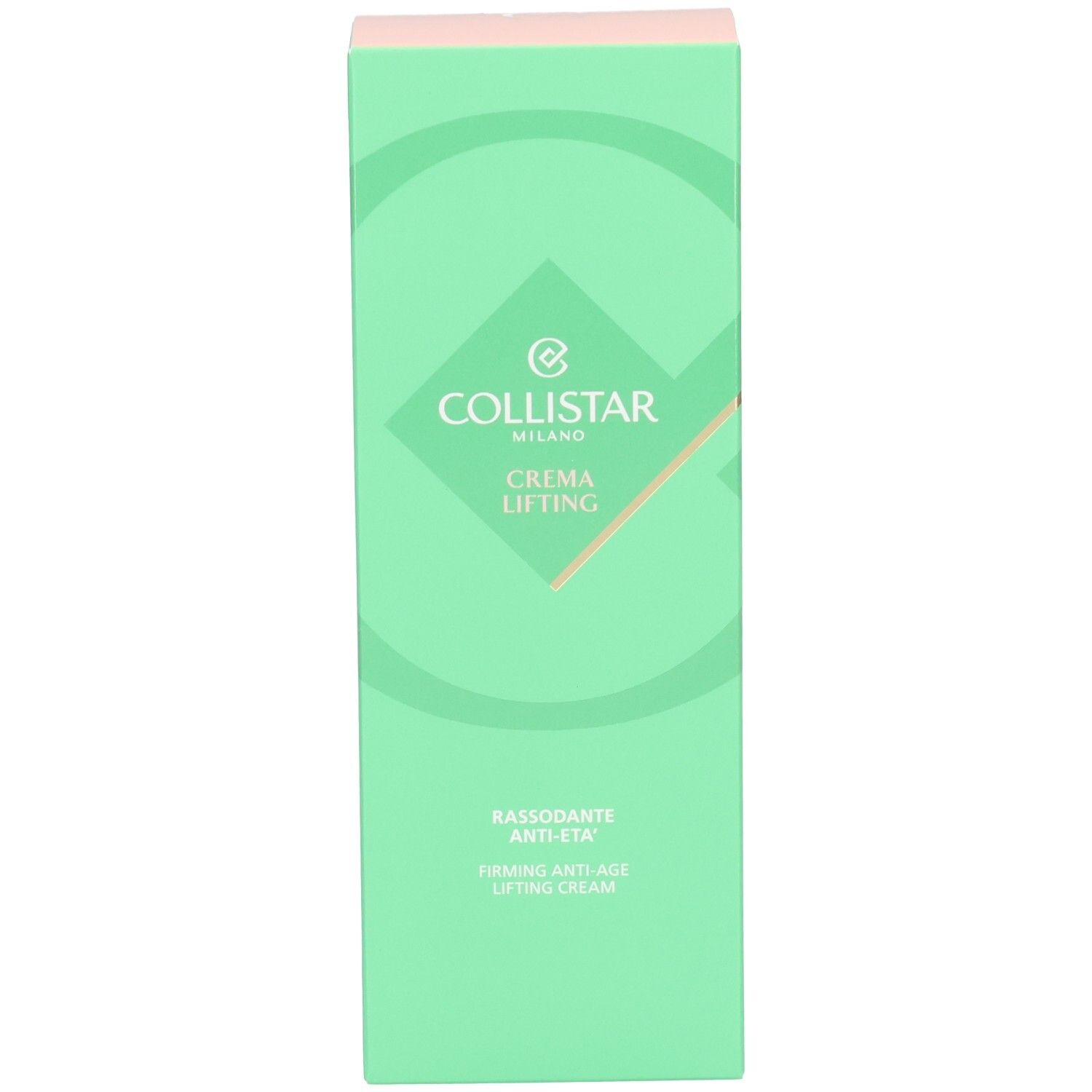 Mintgrüne Faltschachtel für Collistar Lifting-Creme mit geometrischem Muster und Text.