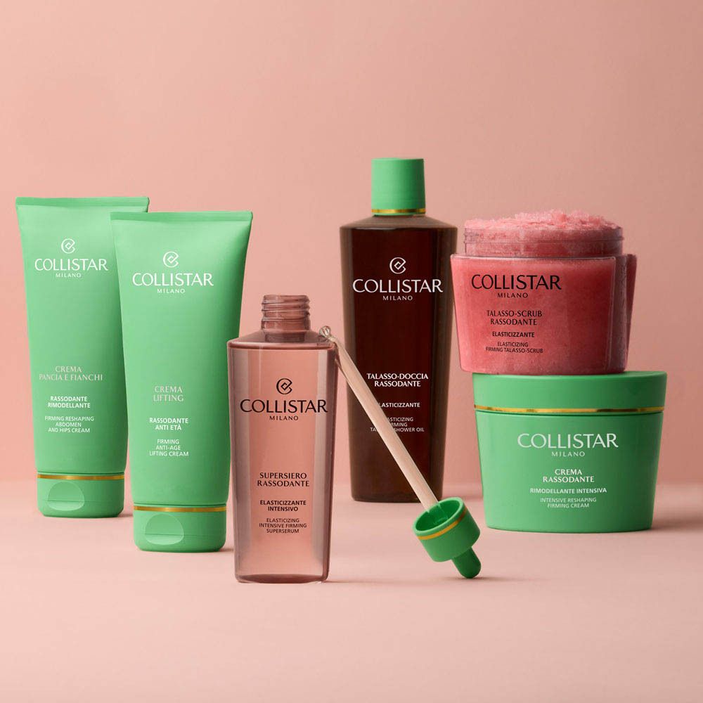 Arrière d'un tube de crème Collistar Lifting vert menthe avec informations produit et indication 200ml.