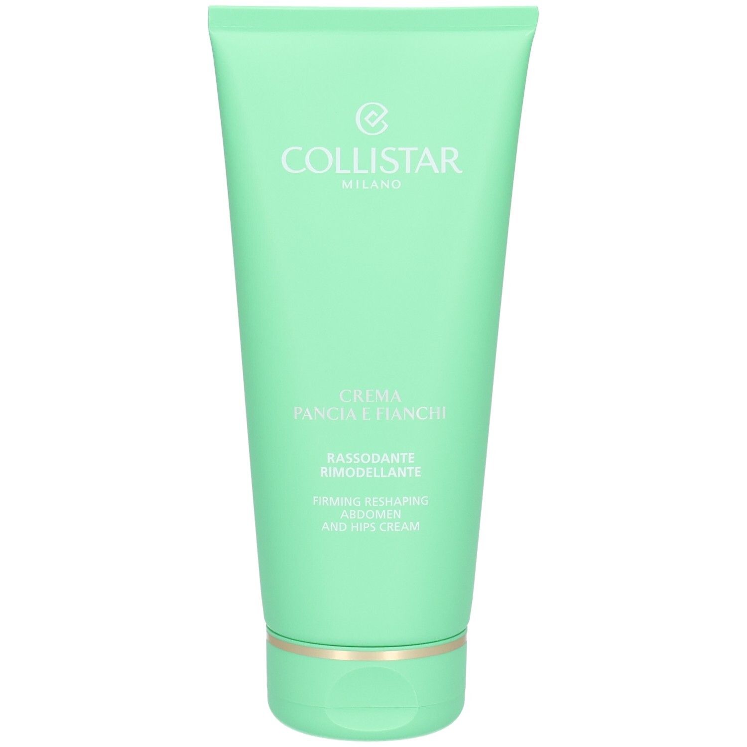 Grüne Tube mit Produkt. Aufschrift: Collistar Milano, Crema Pancia e Fianchi, Rimodellante, Firming Reshaping Abdomen and Hips Cream.