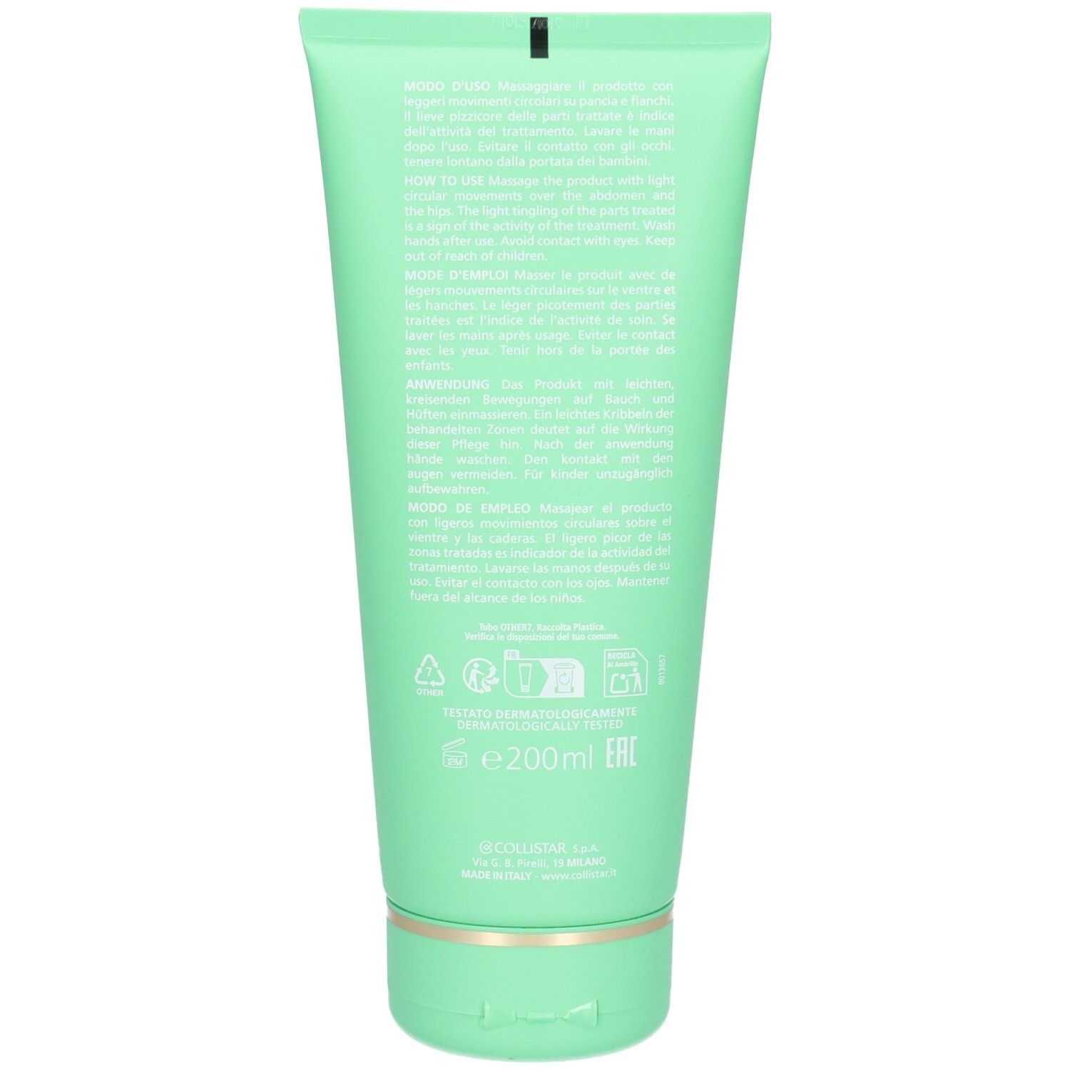 Rückseite einer grünen Tube. Text in mehreren Sprachen. Aufschrift: Collistar Milano, e200ml.