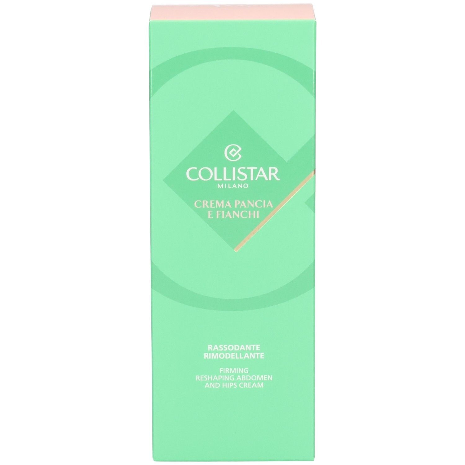 Grüne Produktverpackung. Logo und Produktnamen. Aufschrift: Crema Pancia e Fianchi, Rimodellante, Firming Reshaping Abdomen and Hips Cream.