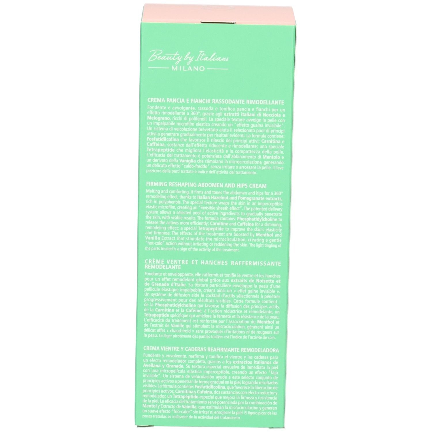 Seite der grünen Produktverpackung. Text in mehreren Sprachen. Aufschrift: Crema Pancia e Fianchi, Firming Reshaping Abdomen and Hips Cream.