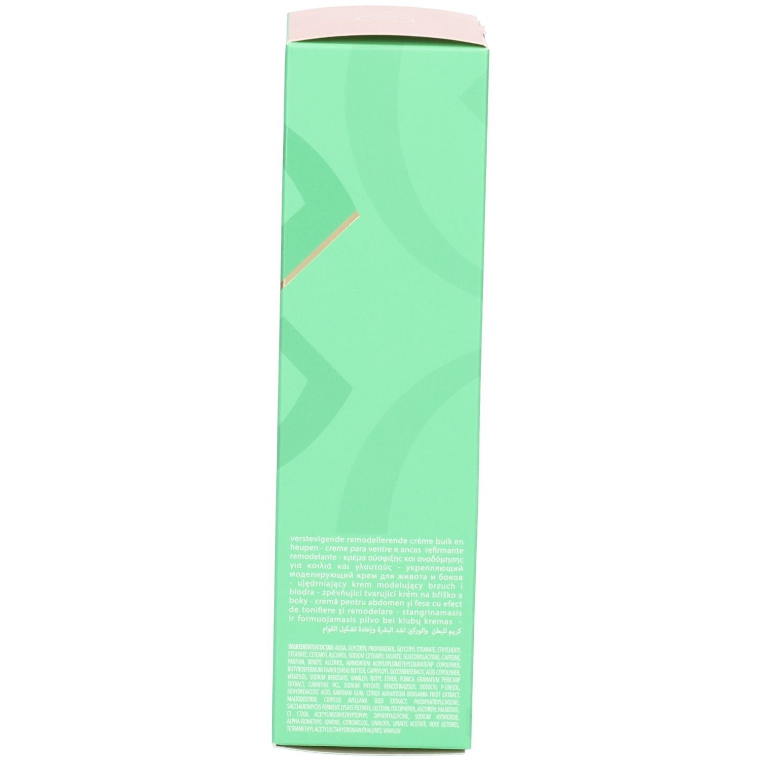 Seite der grünen Produktverpackung. Text in mehreren Sprachen. Aufschrift: Crema Pancia e Fianchi.