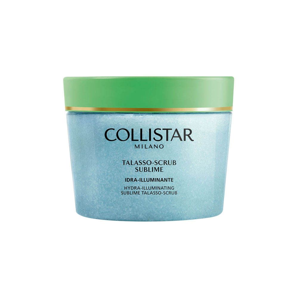 Collistar Talasso-Scrub Sublime : un gommage au contenu bleu et blanc dans un pot transparent avec un couvercle vert.