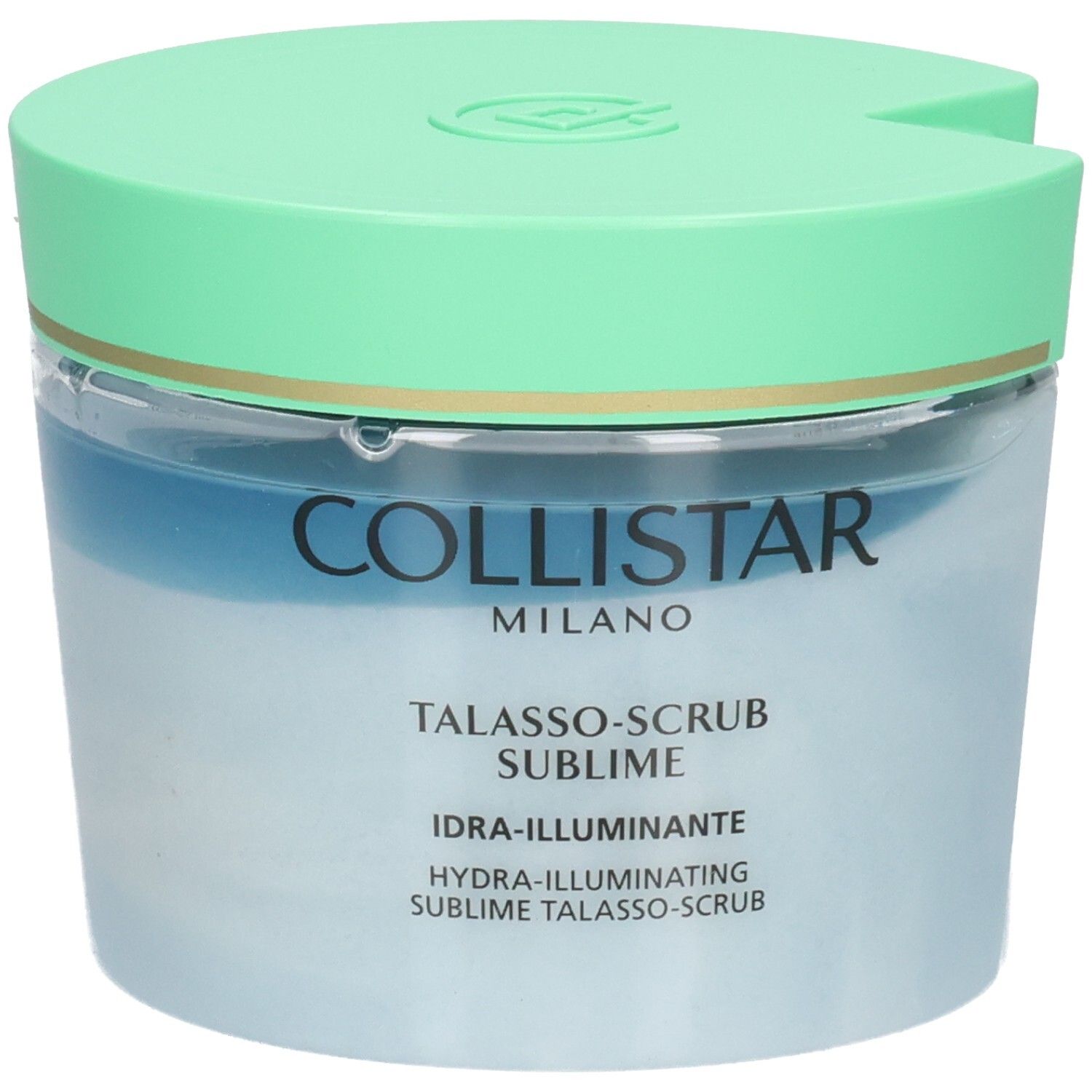 Collistar Talasso-Scrub Sublime: ein Peeling mit blauem und weißem Inhalt in einem transparenten Behälter mit grünem Deckel.