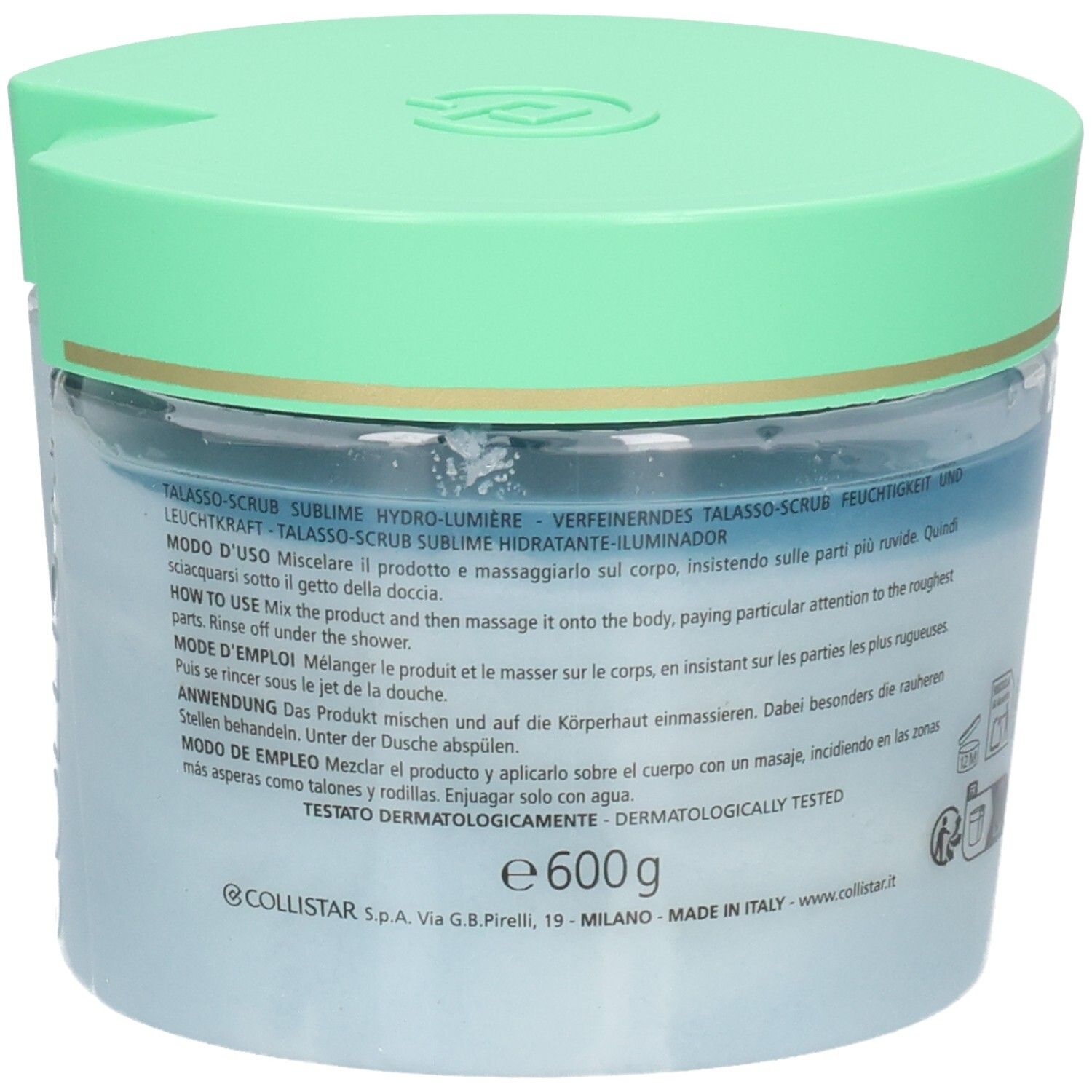 Rückseite eines Collistar Talasso-Scrub Sublime Behälters mit Anwendungshinweisen und Inhaltsangabe (600g).