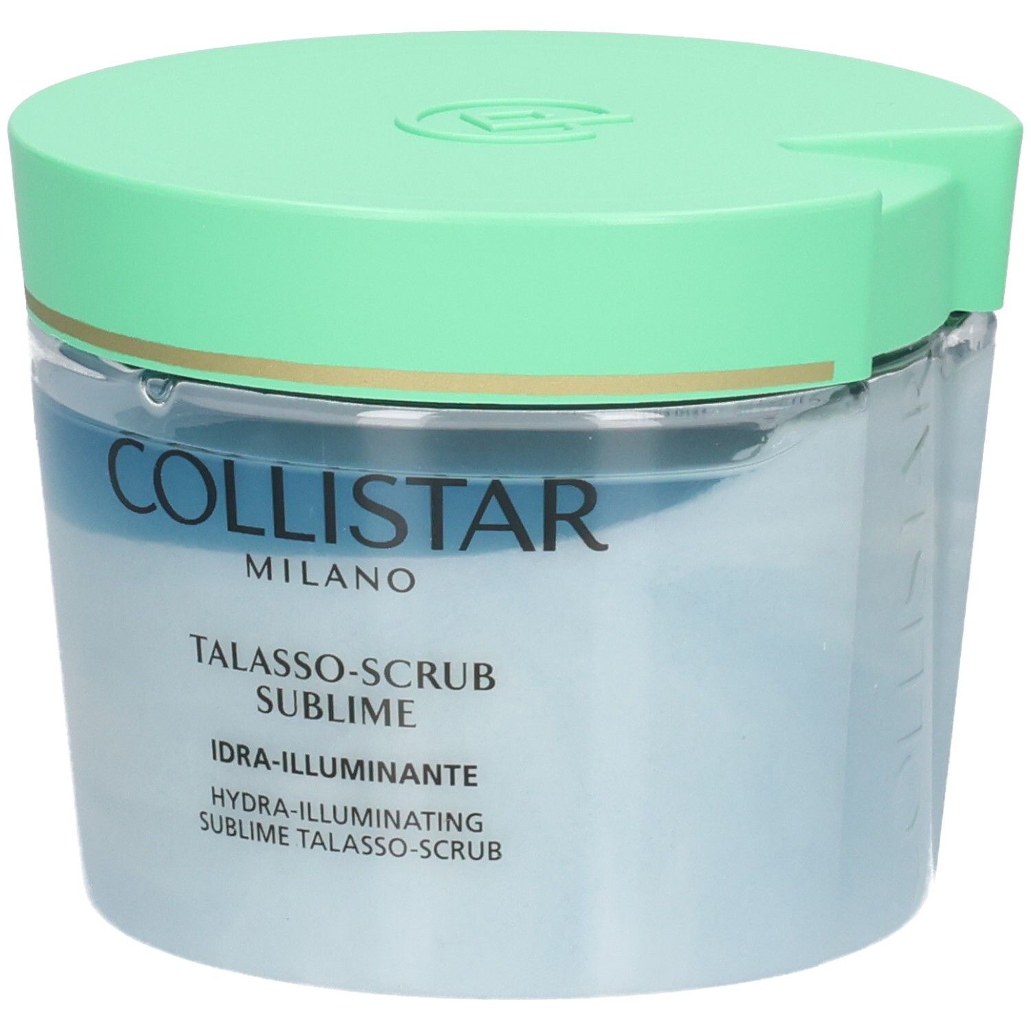 Collistar Talasso-Scrub Sublime: ein Peeling mit blauem und weißem Inhalt in einem transparenten Behälter mit grünem Deckel.