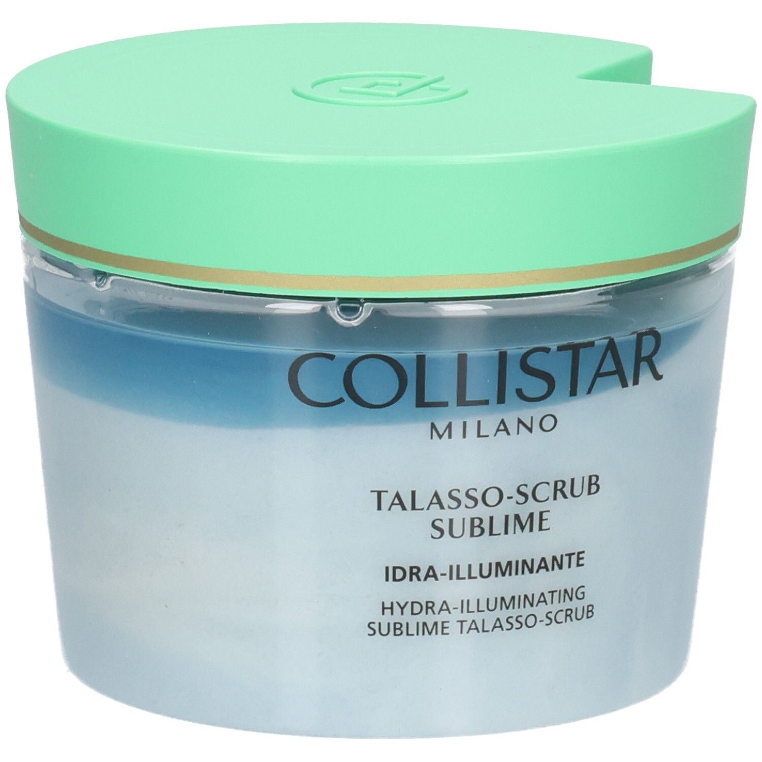 Collistar Talasso-Scrub Sublime: ein Peeling mit blauem und weißem Inhalt in einem transparenten Behälter mit grünem Deckel.