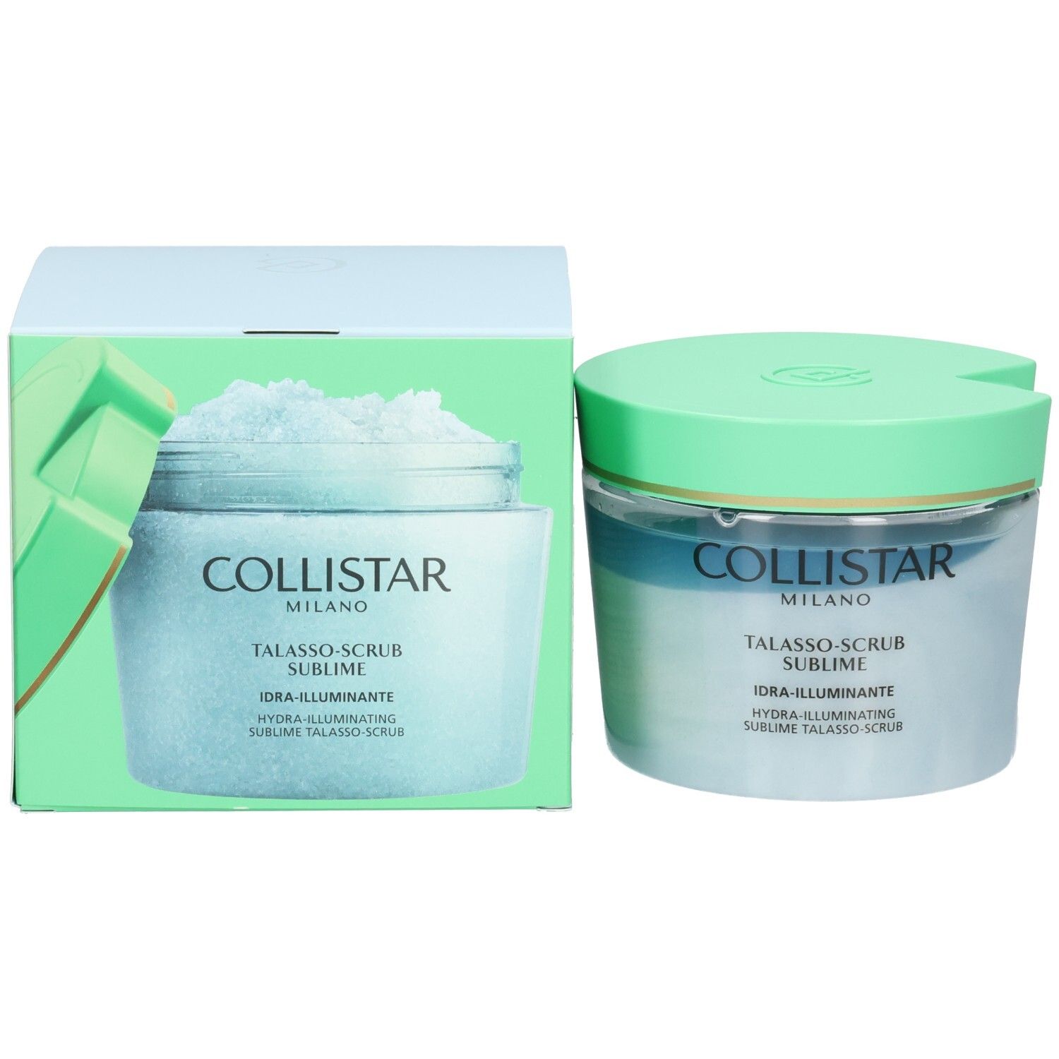 Collistar Talasso-Scrub Sublime Behälter neben seiner Verpackungsbox, beide mit grün-blauen Akzenten.