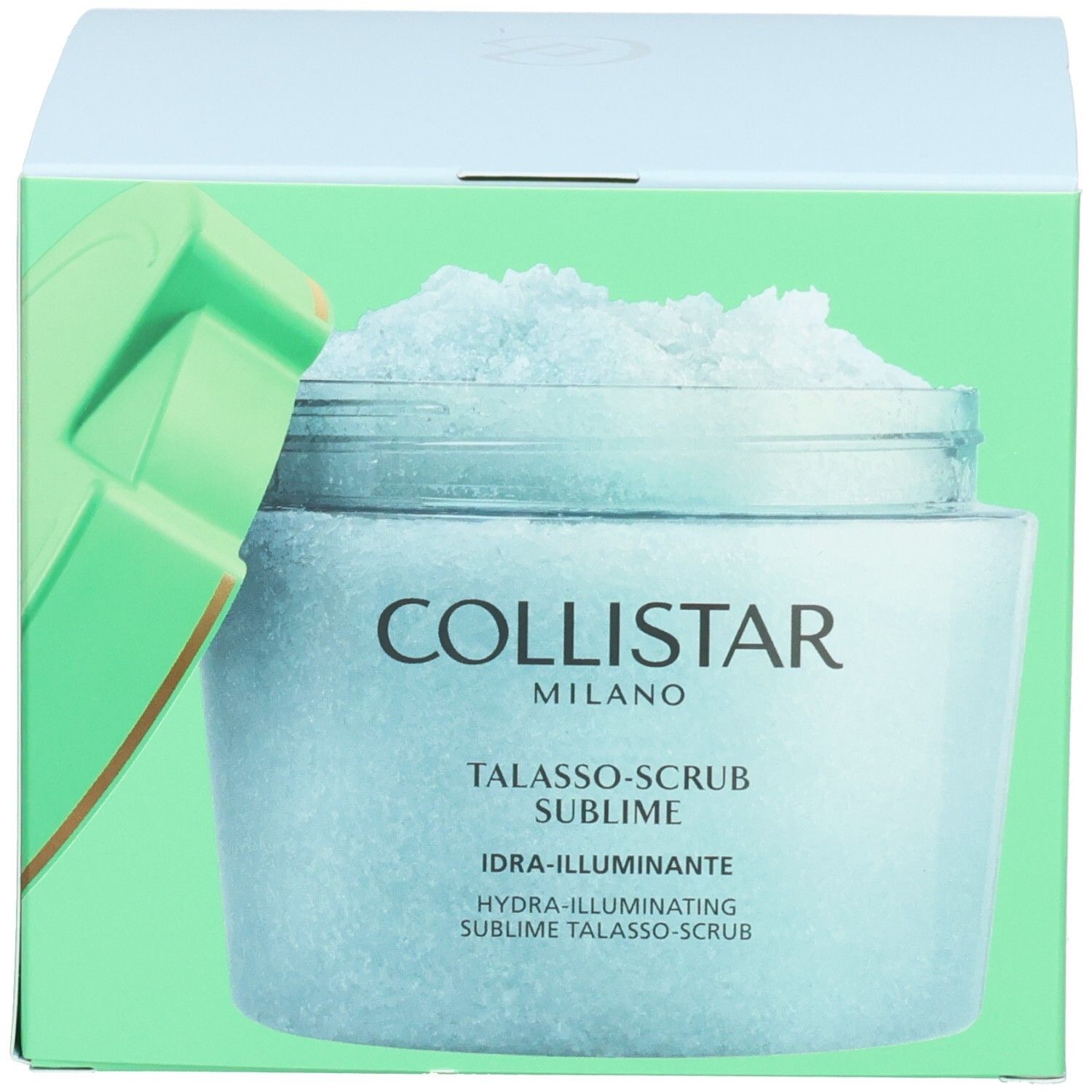 Verpackungsbox für Collistar Talasso-Scrub Sublime mit einem Bild des Produkts und grünen Akzenten.