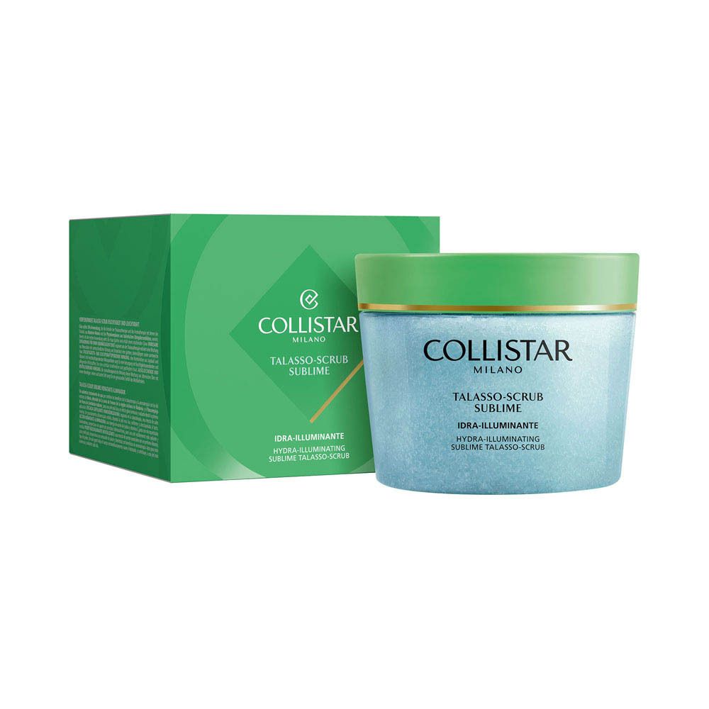 Vue latérale d'un pot Collistar Talasso-Scrub Sublime avec couvercle vert et contenu bleu-blanc.