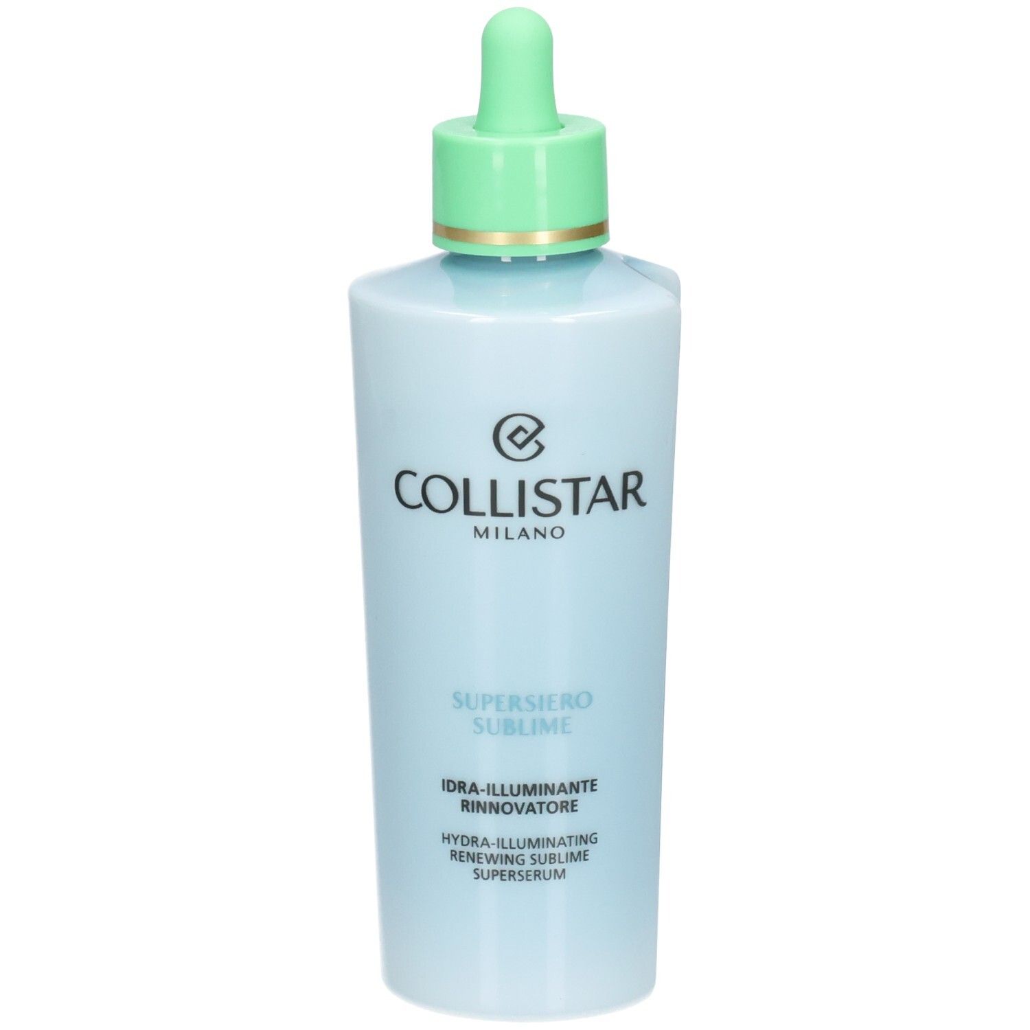 Collistar Hydra-Illuminating Renewing Sublime Superserum in hellblauer Flasche mit Pipettenverschluss.