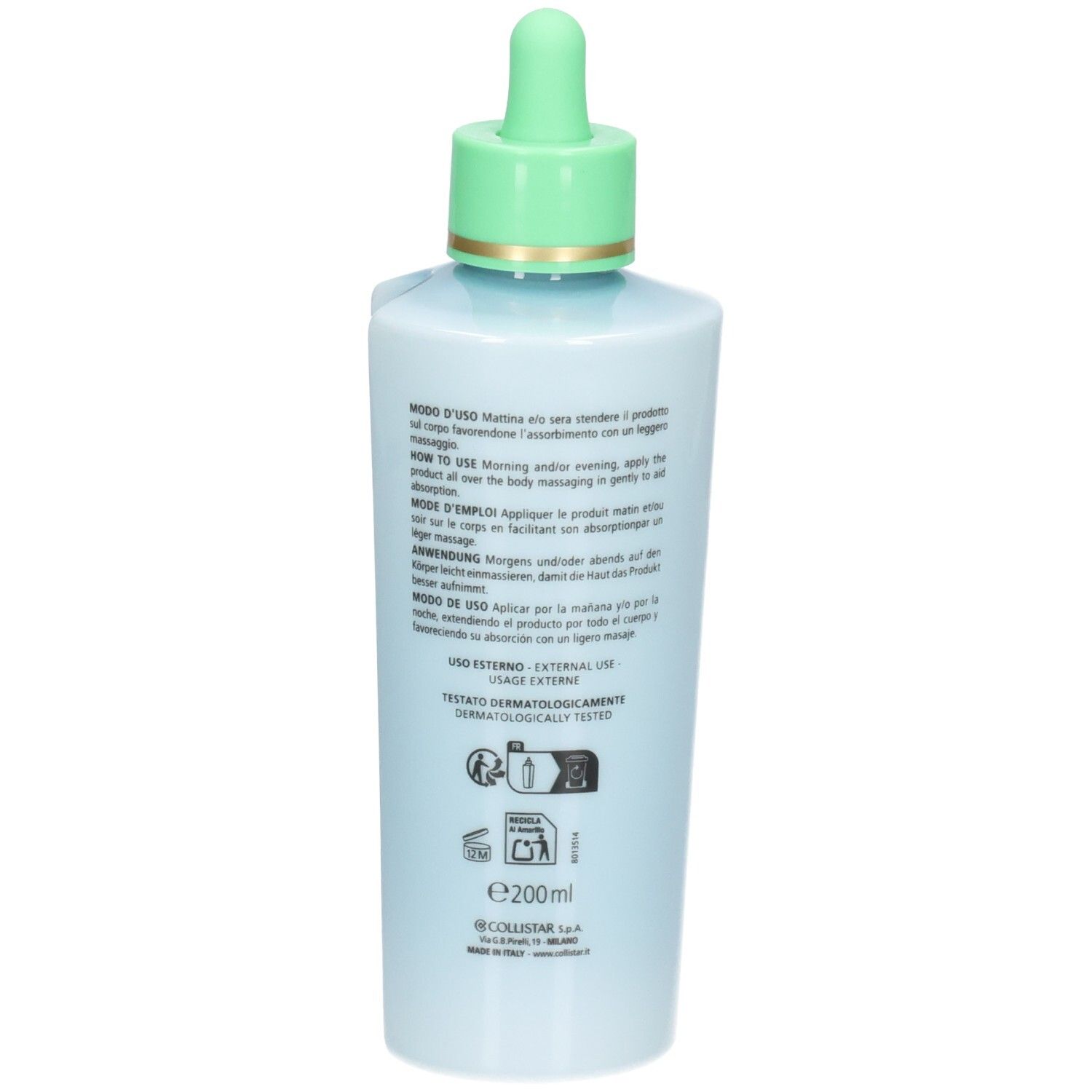 Rückseite der Collistar Hydra-Illuminating Renewing Sublime Superserum Flasche mit Anwendungshinweisen und Volumenangabe.