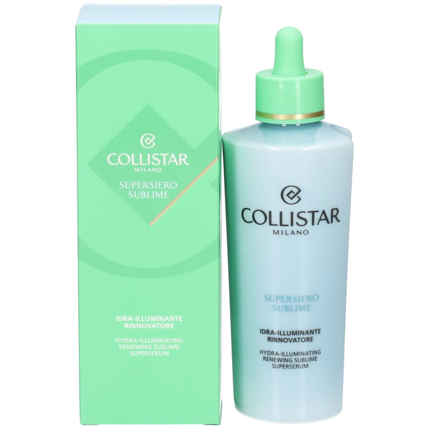 Collistar Hydra-Illuminating Renewing Sublime Superserum Flasche neben der passenden Verpackungsschachtel.