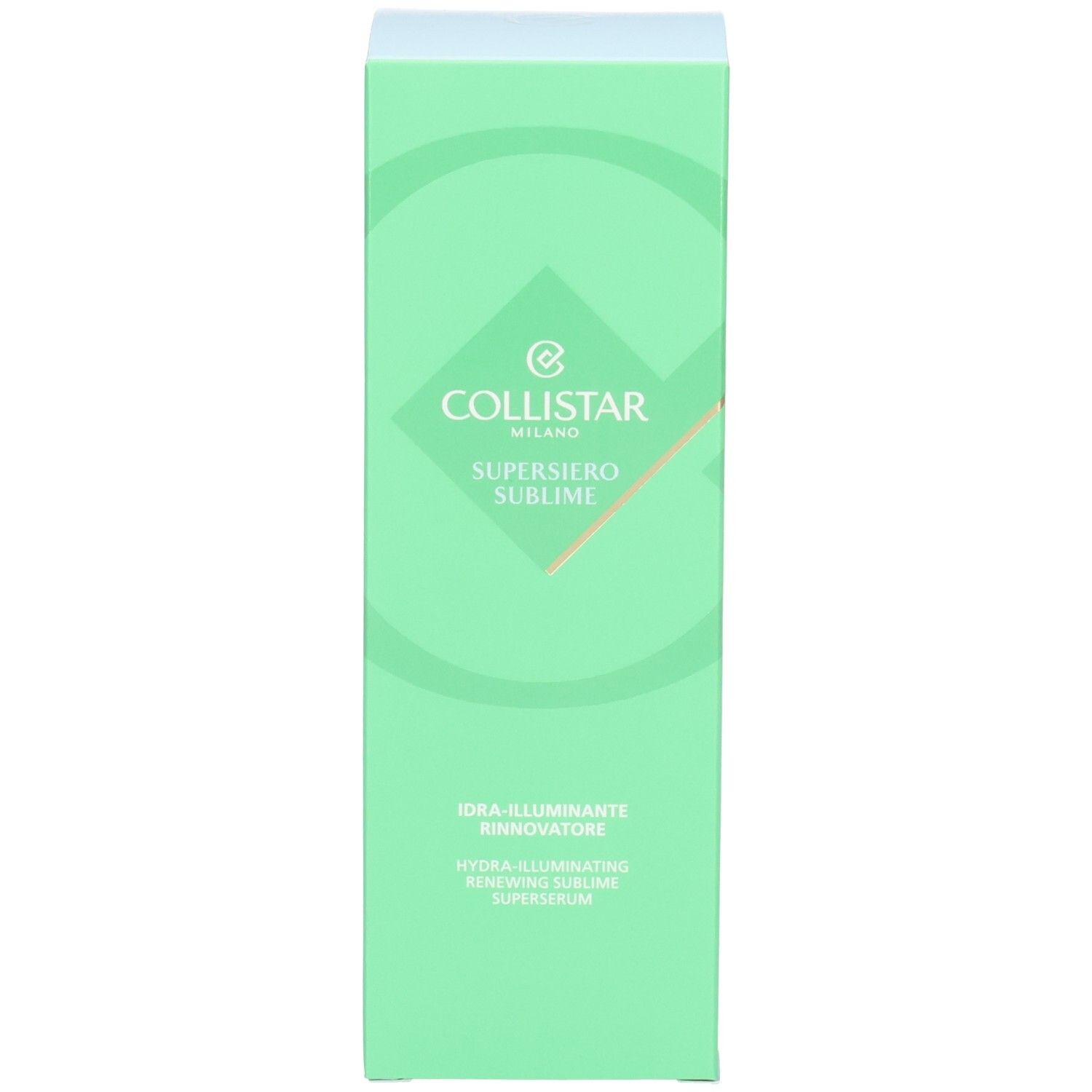 Grüne Verpackungsschachtel für Collistar Hydra-Illuminating Renewing Sublime Superserum mit kreisförmigen Designelementen.