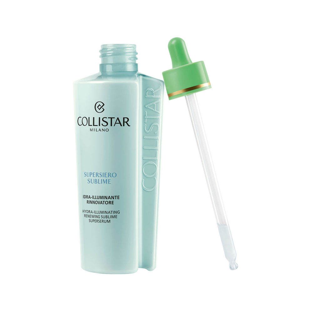 Arrière du flacon Collistar Hydra-Illuminating Renewing Sublime Superserum avec instructions et volume.
