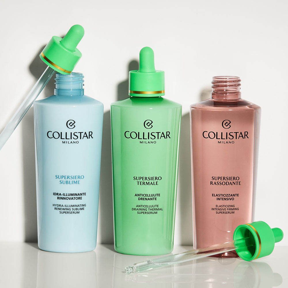 Boîte d'emballage verte pour Collistar Hydra-Illuminating Renewing Sublime Superserum avec des éléments de design circulaires.