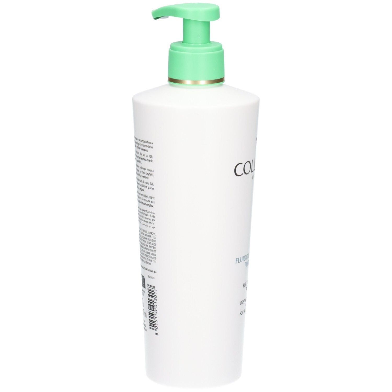 Rückansicht der Collistar Deep Moisturizing Fluid Spenderflasche mit Produktinformationen.