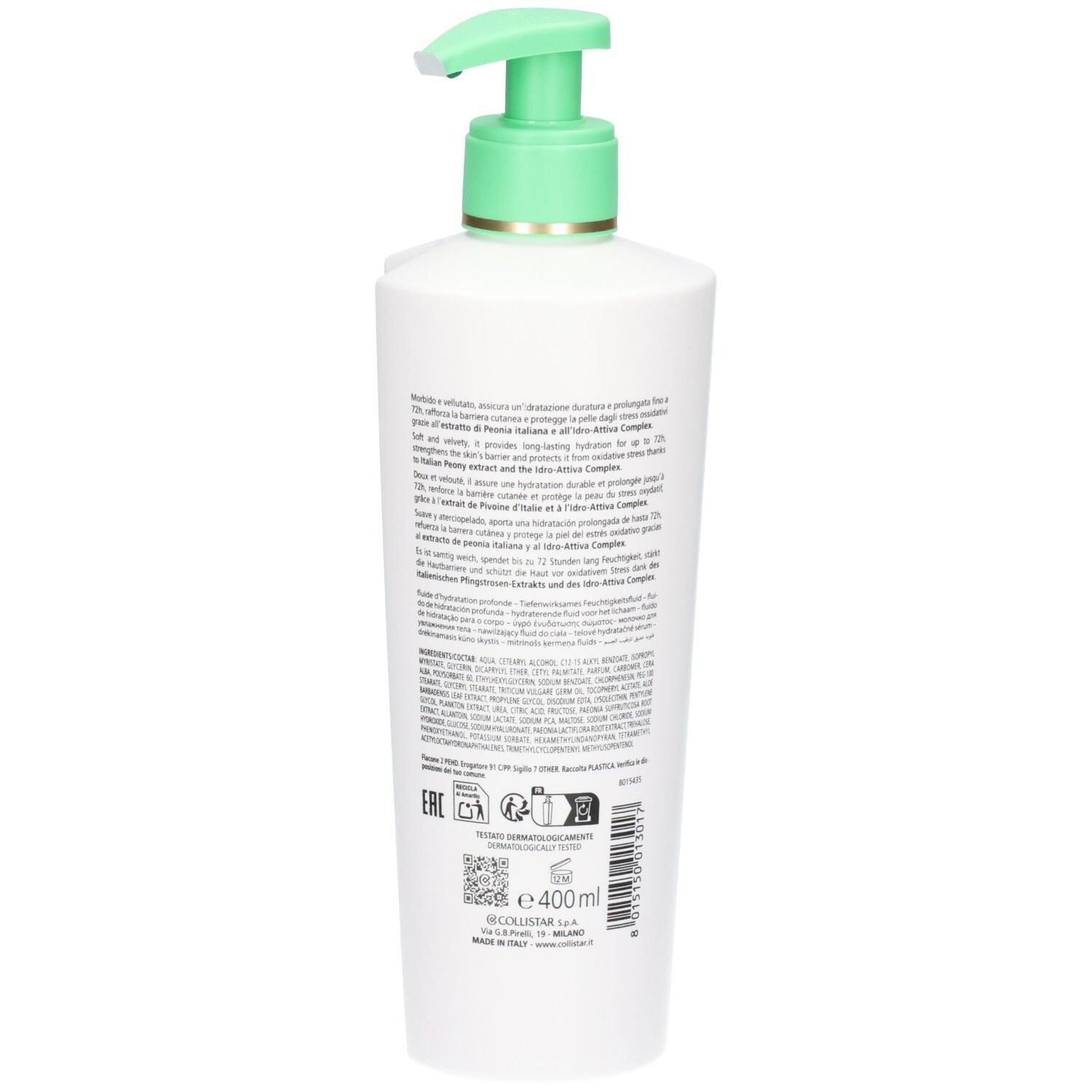 Rückansicht der Collistar Deep Moisturizing Fluid Spenderflasche mit detaillierten Produktinformationen und Barcode.