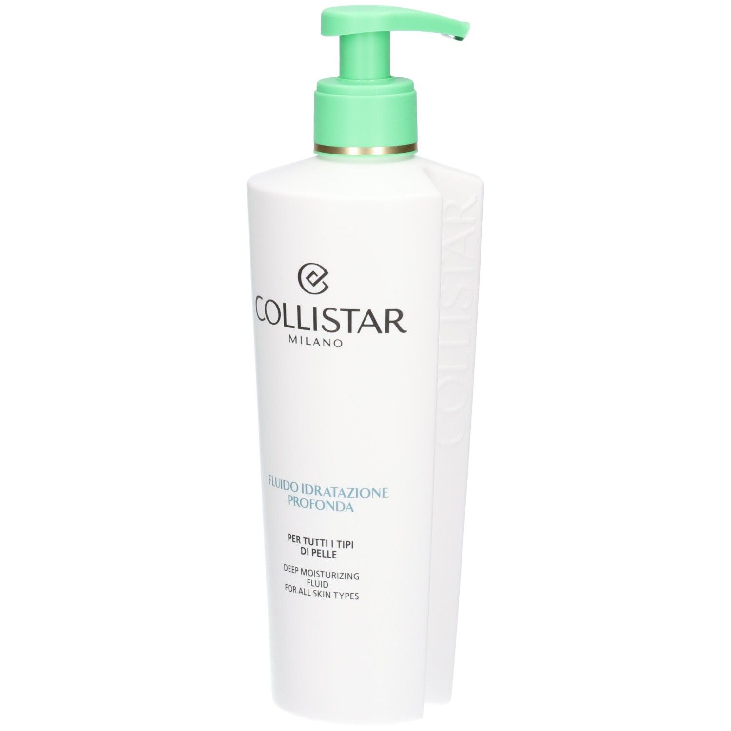 Collistar Deep Moisturizing Fluid Spenderflasche mit grünem Pumpaufsatz, von vorne.