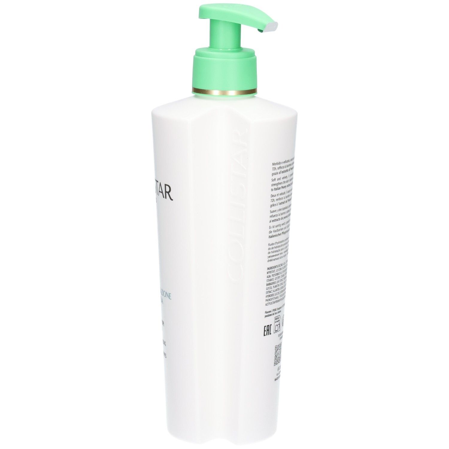 Seitenansicht der Collistar Deep Moisturizing Fluid Spenderflasche mit geprägtem Logo.