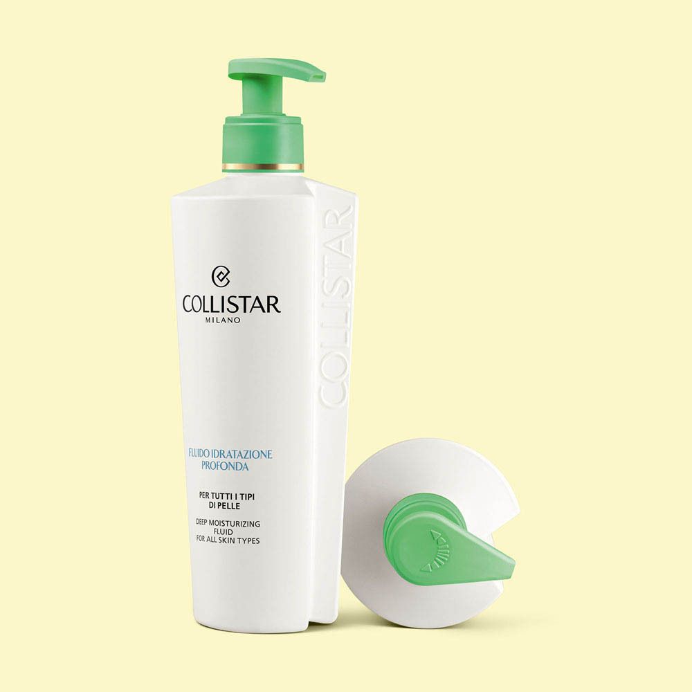 Vue arrière du flacon pompe Collistar Deep Moisturizing Fluid avec informations produit.