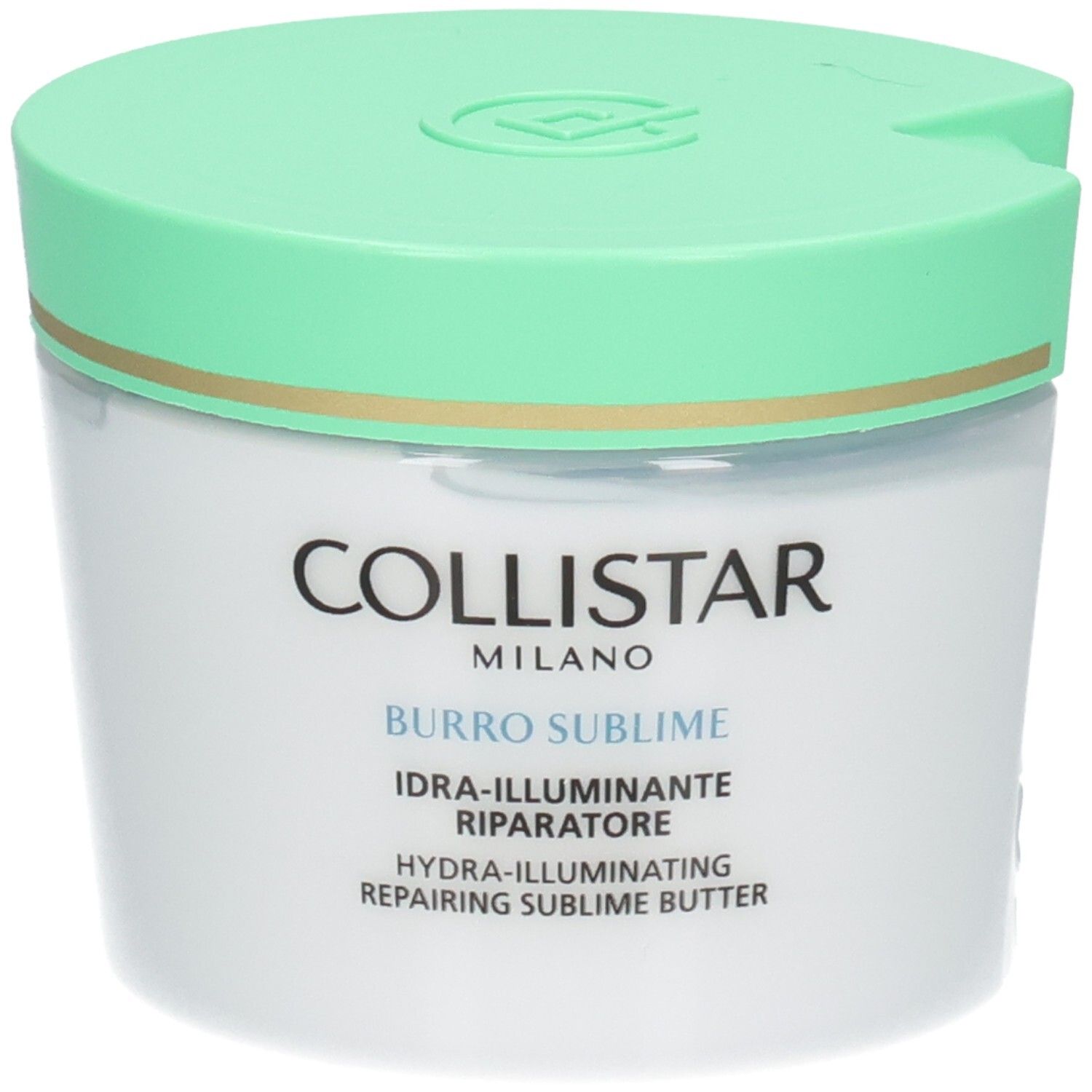 Collistar Sublime Butter: weiße Dose mit hellgrünem Deckel und goldenem Band.