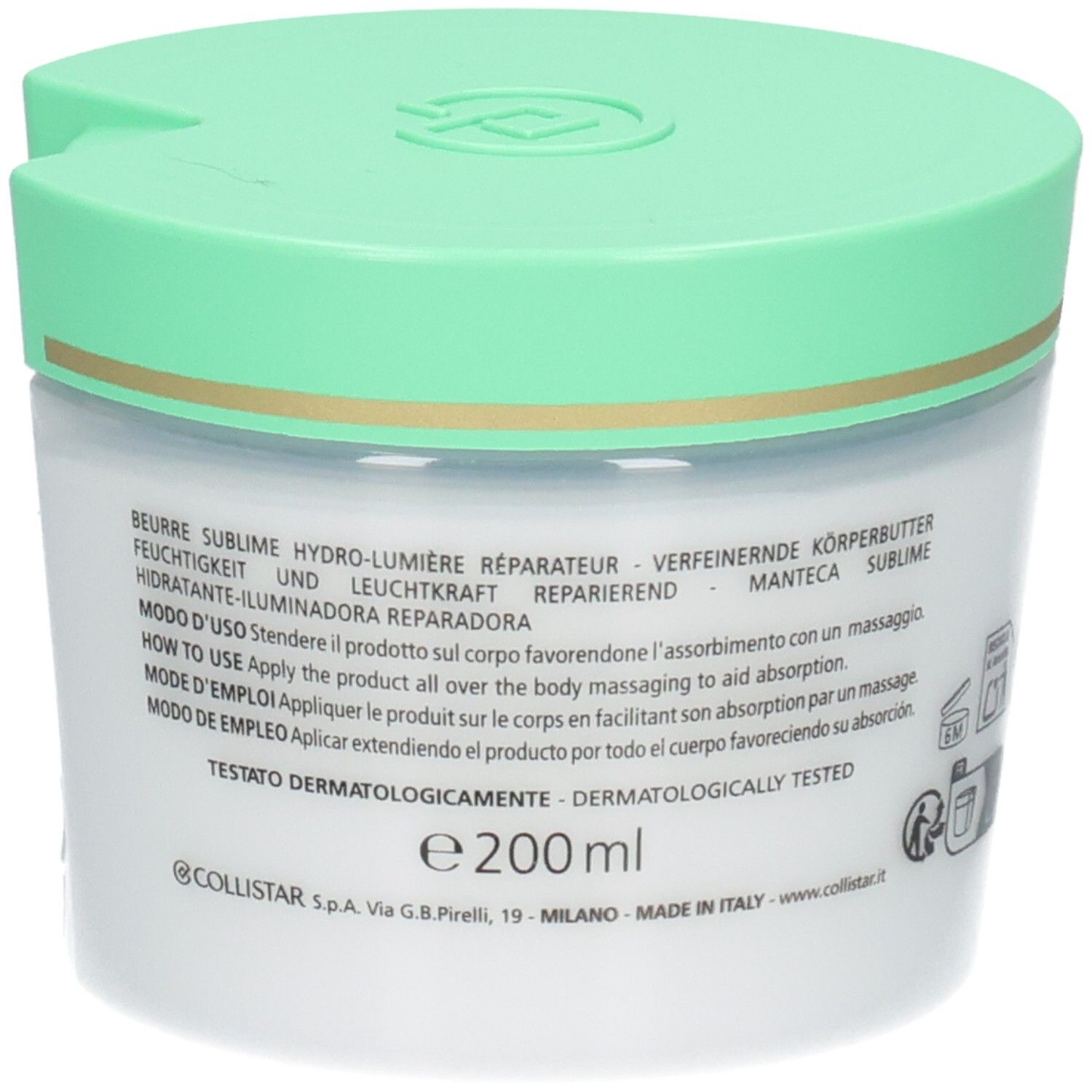 Rückseite der Collistar Sublime Butter Dose mit Produktinformationen und 200ml Angabe.