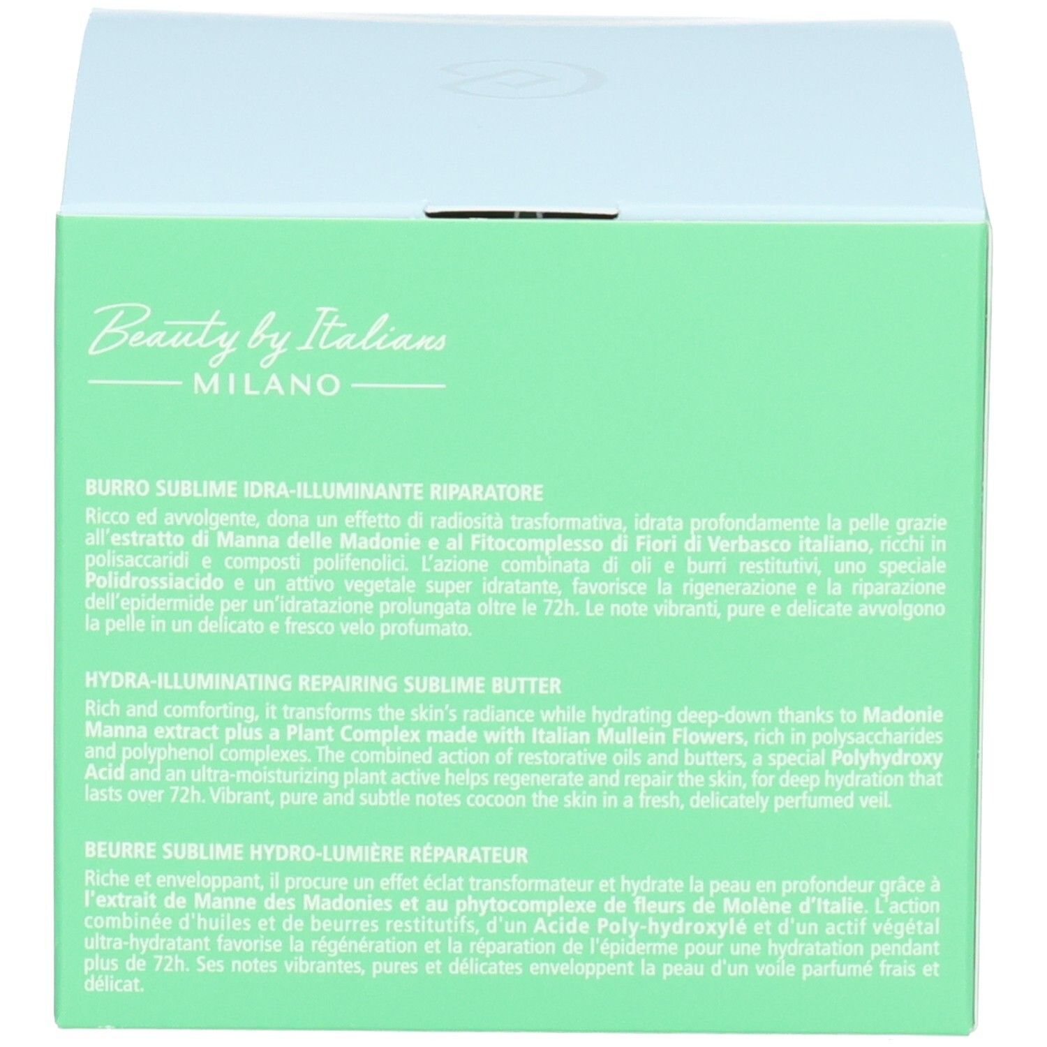Seite der Collistar Produktverpackung mit Produktbeschreibung auf Italienisch und Englisch.