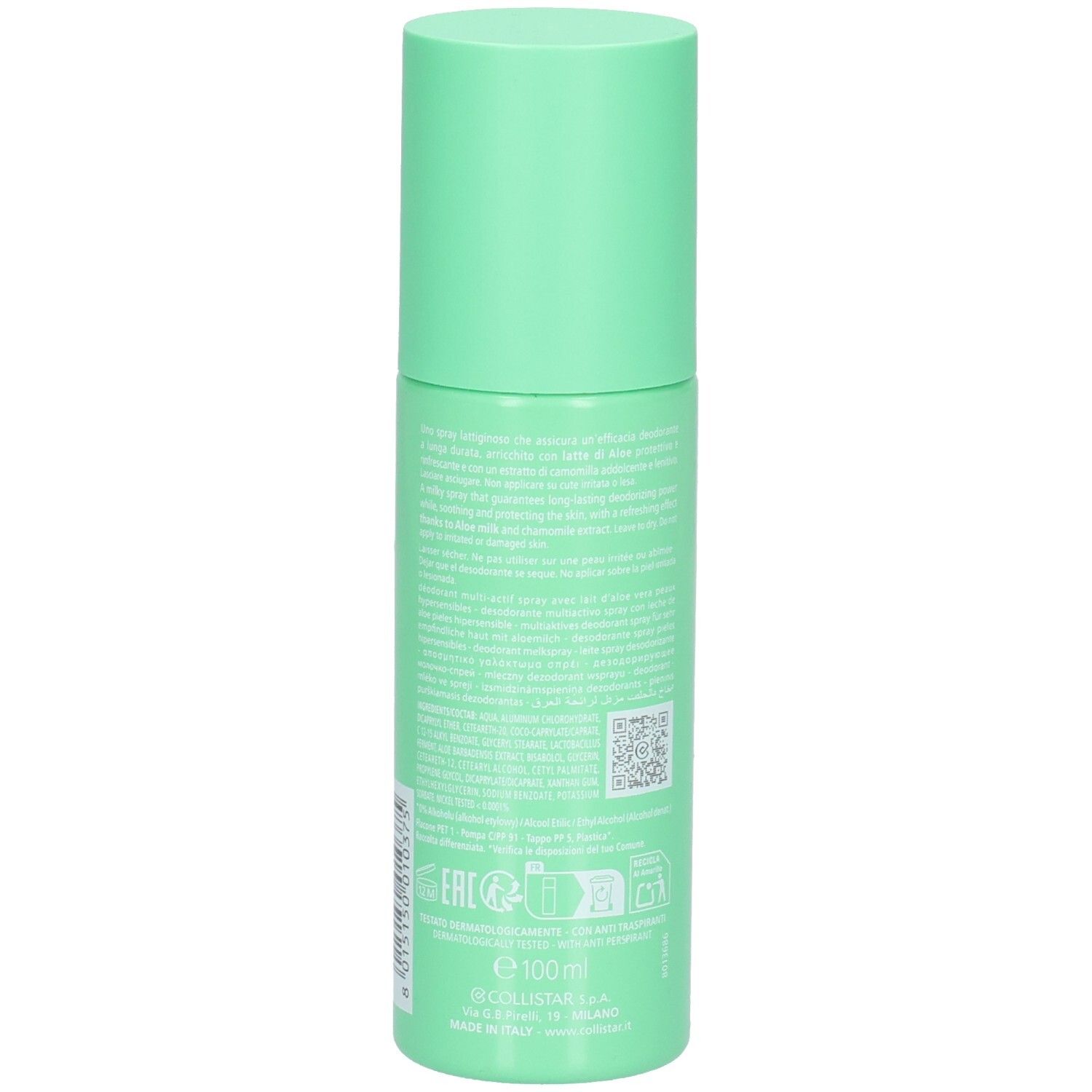 Rückseite Collistar Multi-Active Deodorant Spray 24H, 100ml, für empfindliche Haut, mit Aloe Milk.