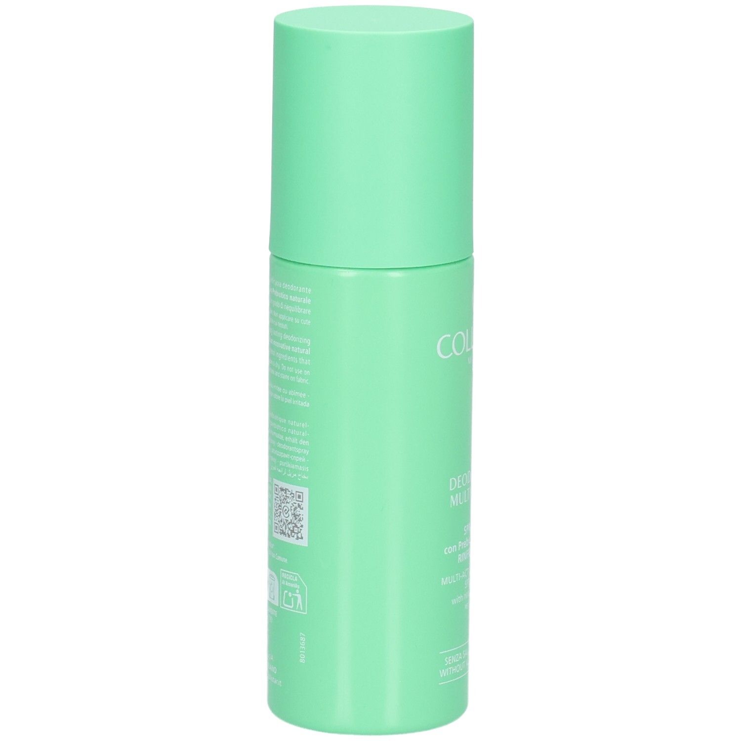 Rückseite der Collistar Multi-Active Deodorant Spray 24H Dose mit Text und QR-Code.