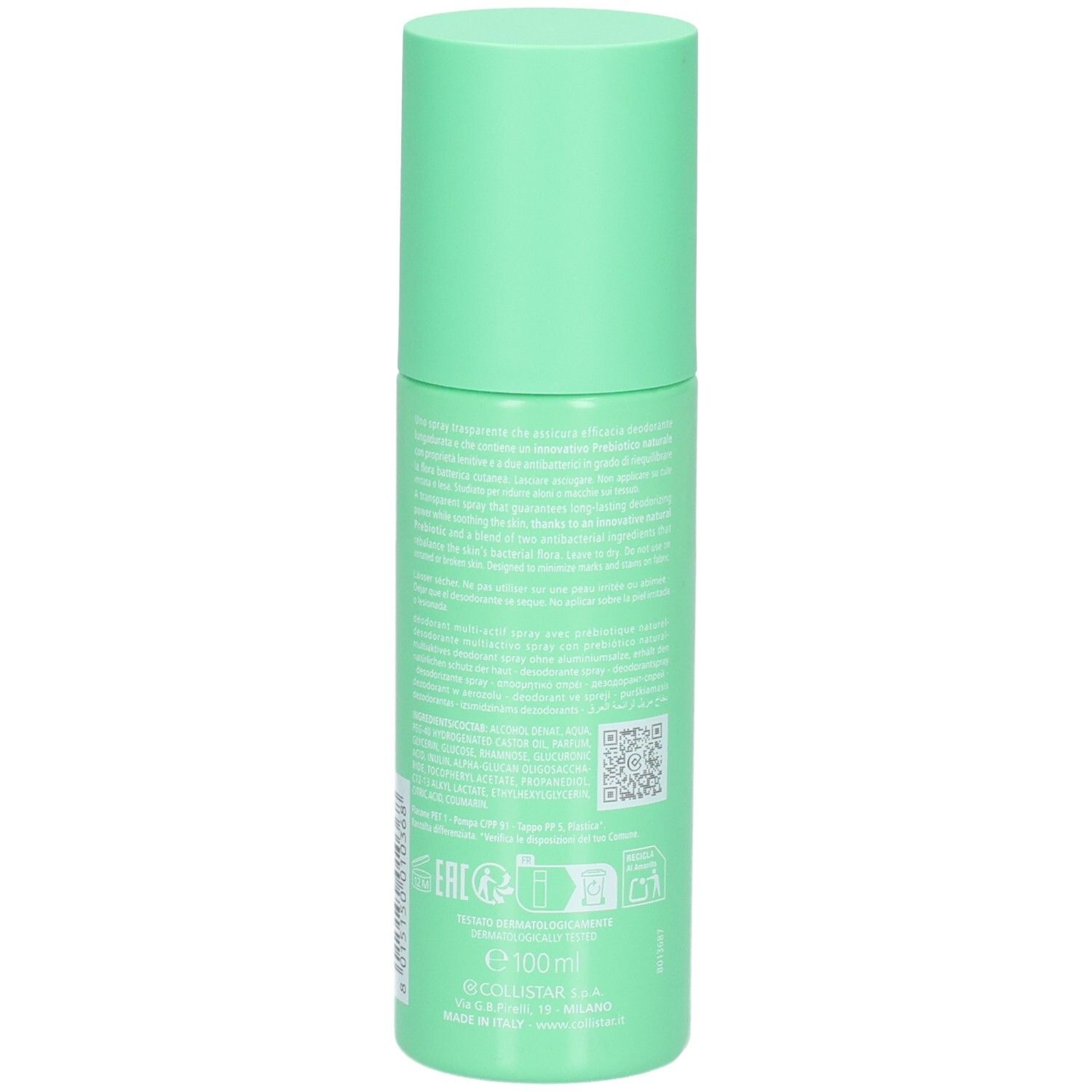 Rückseite der Collistar Multi-Active Deodorant Spray 24H Dose mit detailliertem Text und Siegeln.