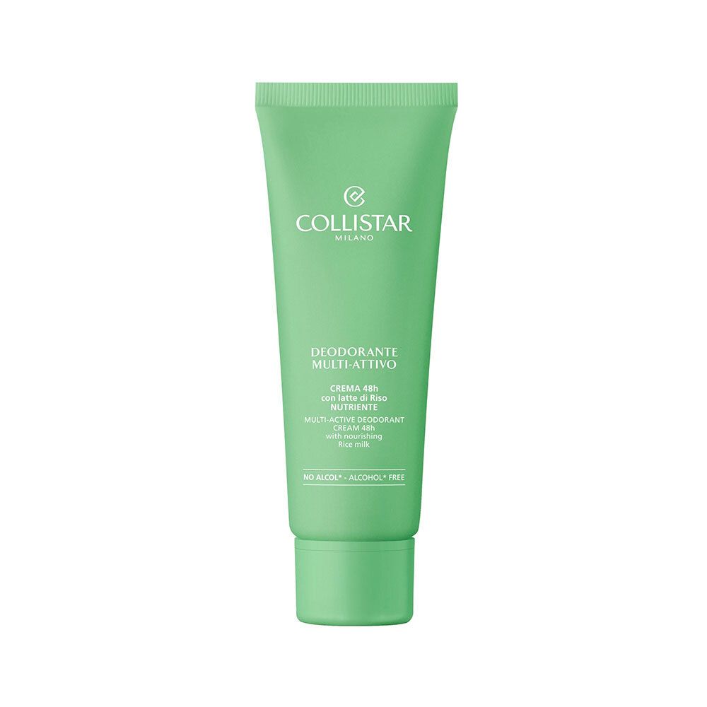 Tube vert avec texte blanc. Inscription: Collistar Milano, Deodorante Multi-Attivo, Crème 48h au lait de riz, Alcohol Free.