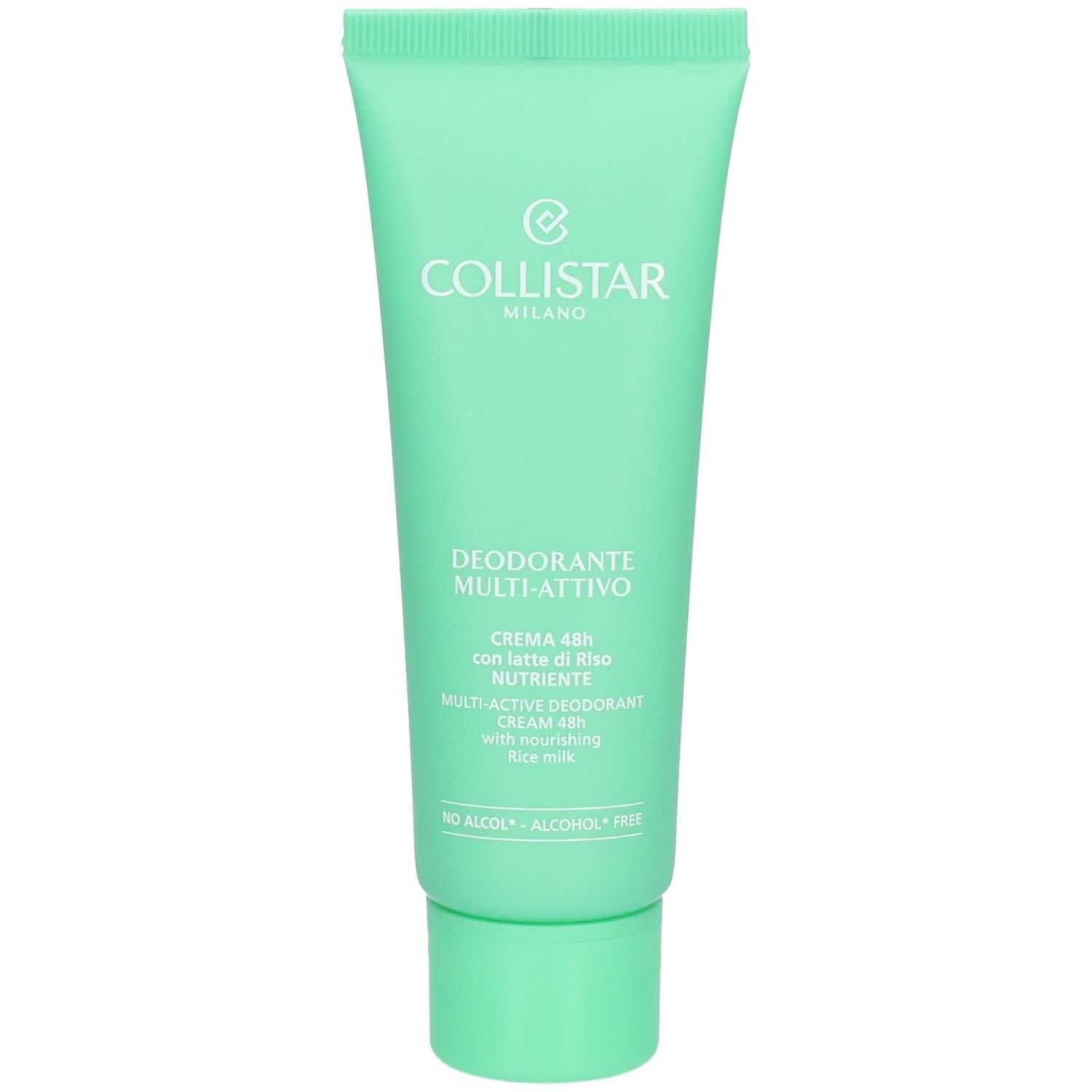 Grüne Tube mit weißer Schrift. Aufschrift: Collistar Milano, Deodorante Multi-Attivo, Creme 48h mit Reis-Milch, Alcohol Free.