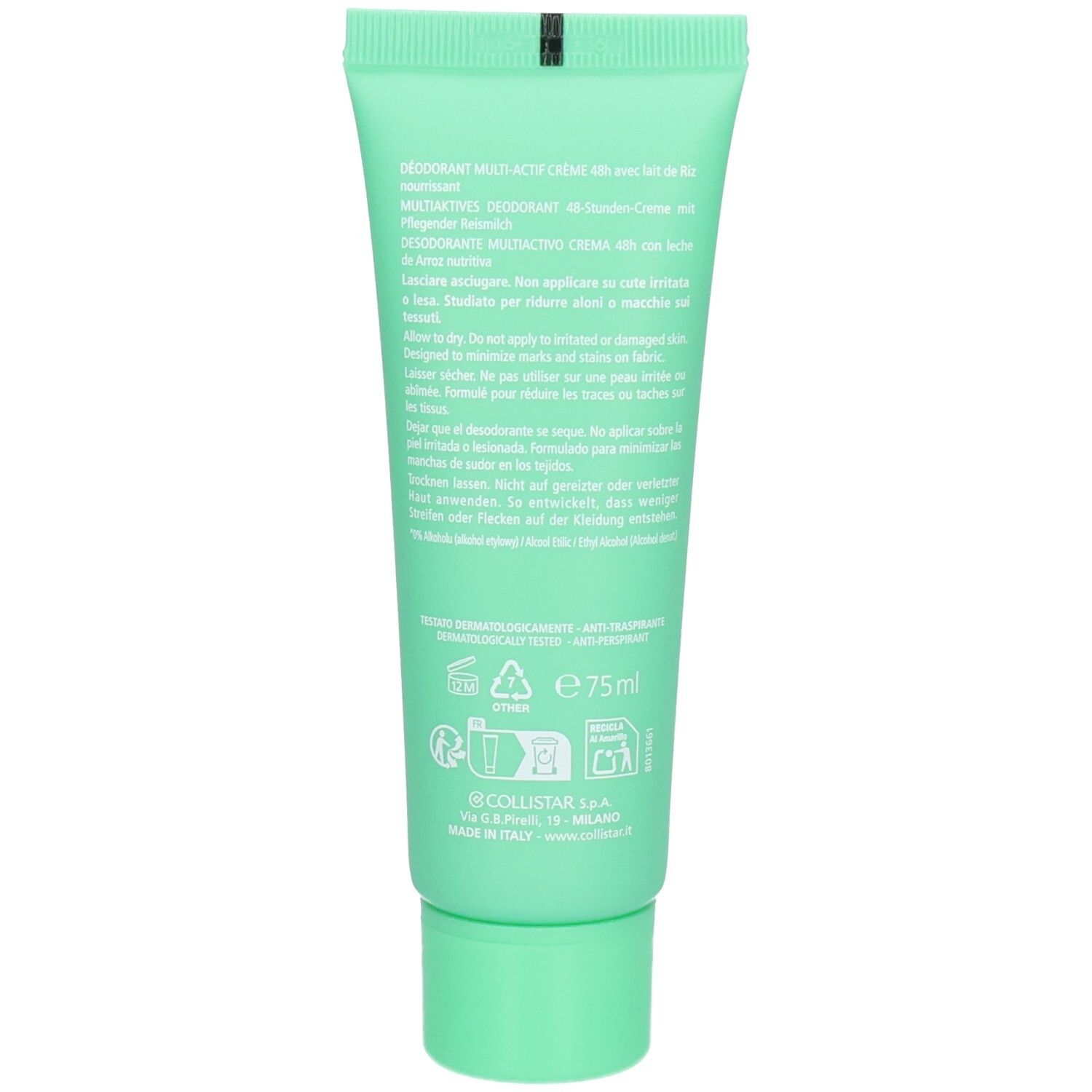 Rückseite einer grünen Tube. Text in mehreren Sprachen. Informationen zu Inhaltsstoffen und Anwendung. Volumen: 75 ml.