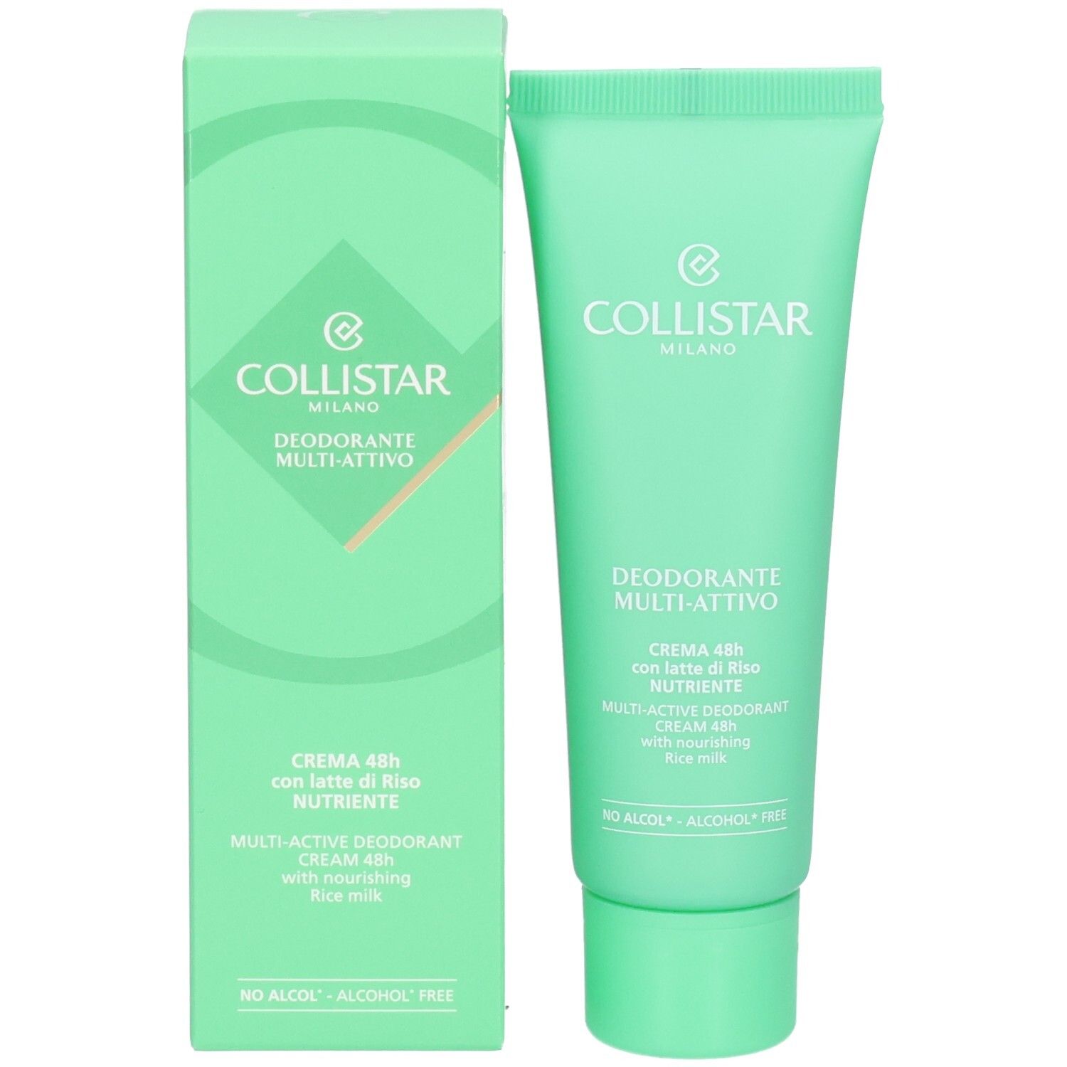 Grüne Schachtel und Tube. Aufschrift: Collistar Milano, Deodorante Multi-Attivo, Creme 48h mit Reis-Milch, Alcohol Free.