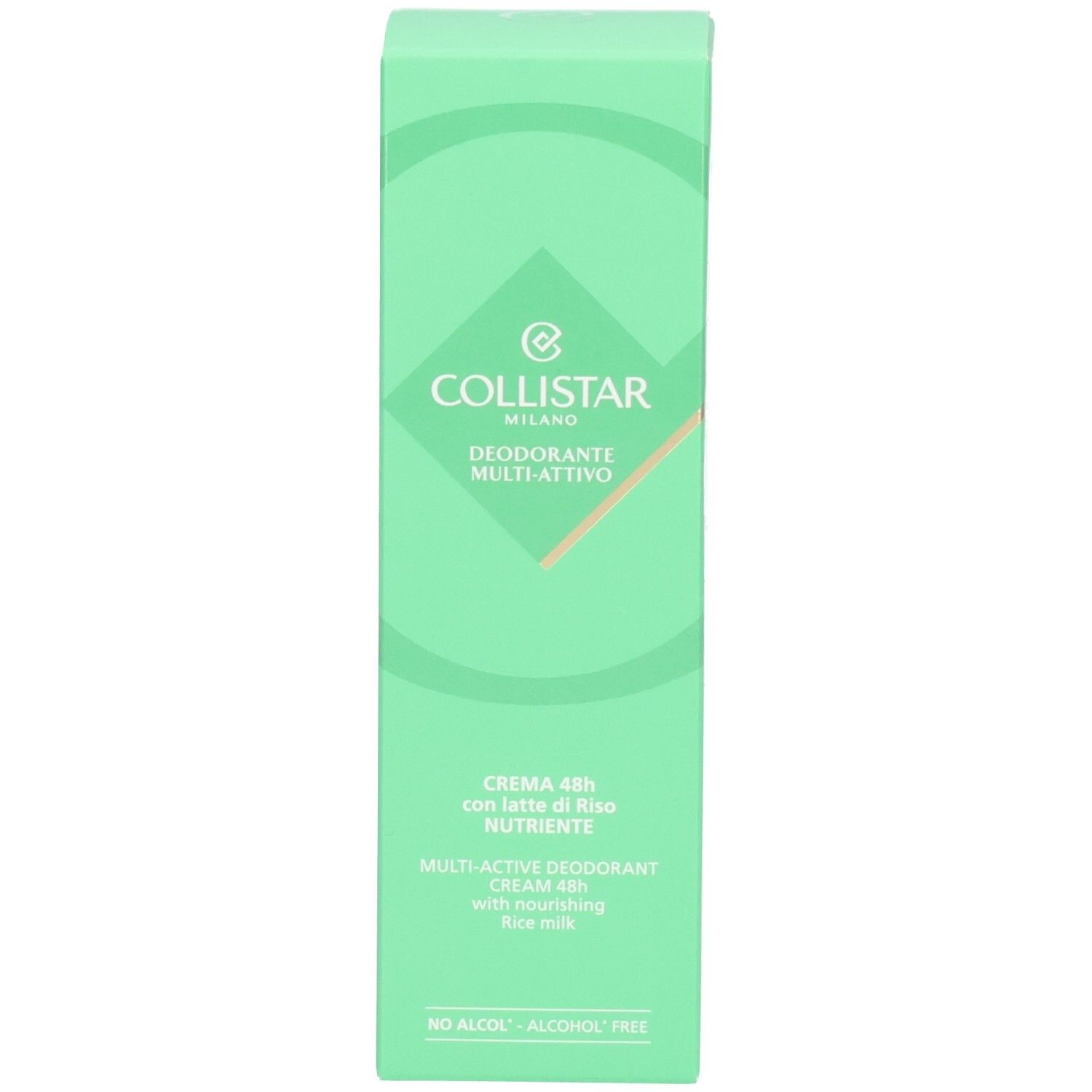 Grüne Schachtel. Aufschrift: Collistar Milano, Deodorante Multi-Attivo, Creme 48h mit Reis-Milch, Alcohol Free.