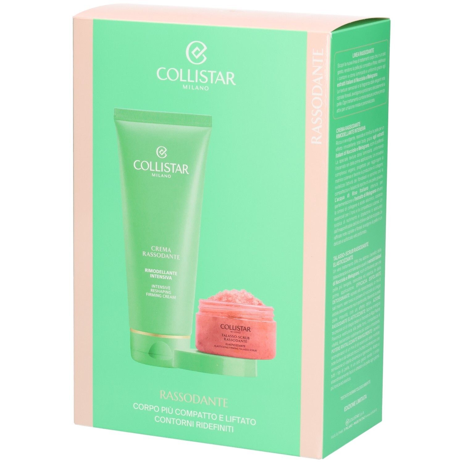 Collistar Discovery Set: Grüne Tube mit Creme und rosafarbener Tiegel mit Peeling auf grünem Karton.