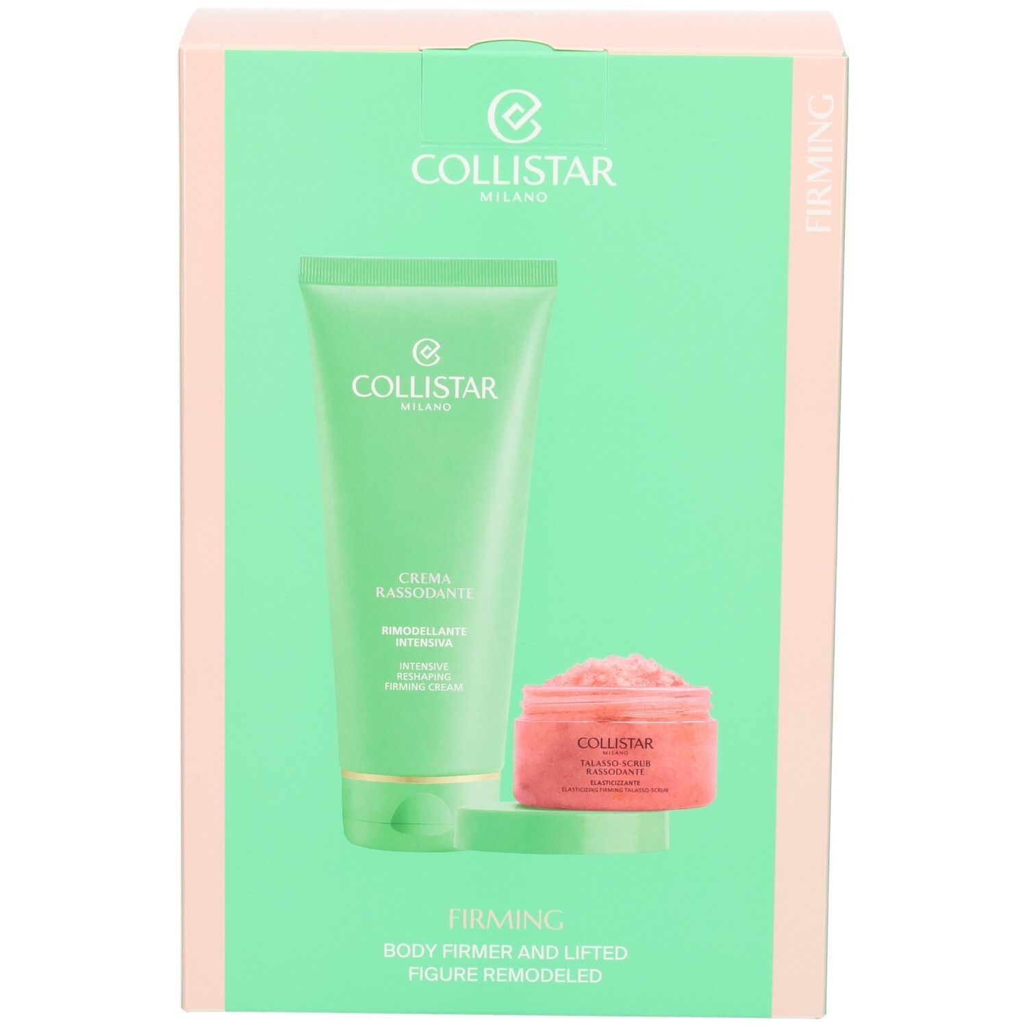 Collistar Discovery Set: Grüne Tube mit Creme und rosafarbener Tiegel mit Peeling auf grünem Karton.