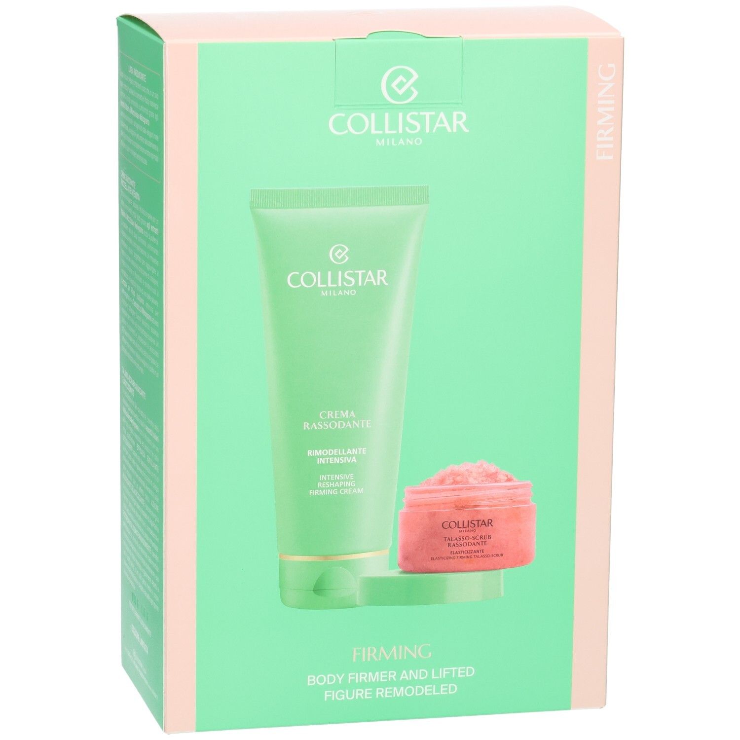 Collistar Discovery Set: Grüne Tube mit Creme und rosafarbener Tiegel mit Peeling auf grünem Karton.