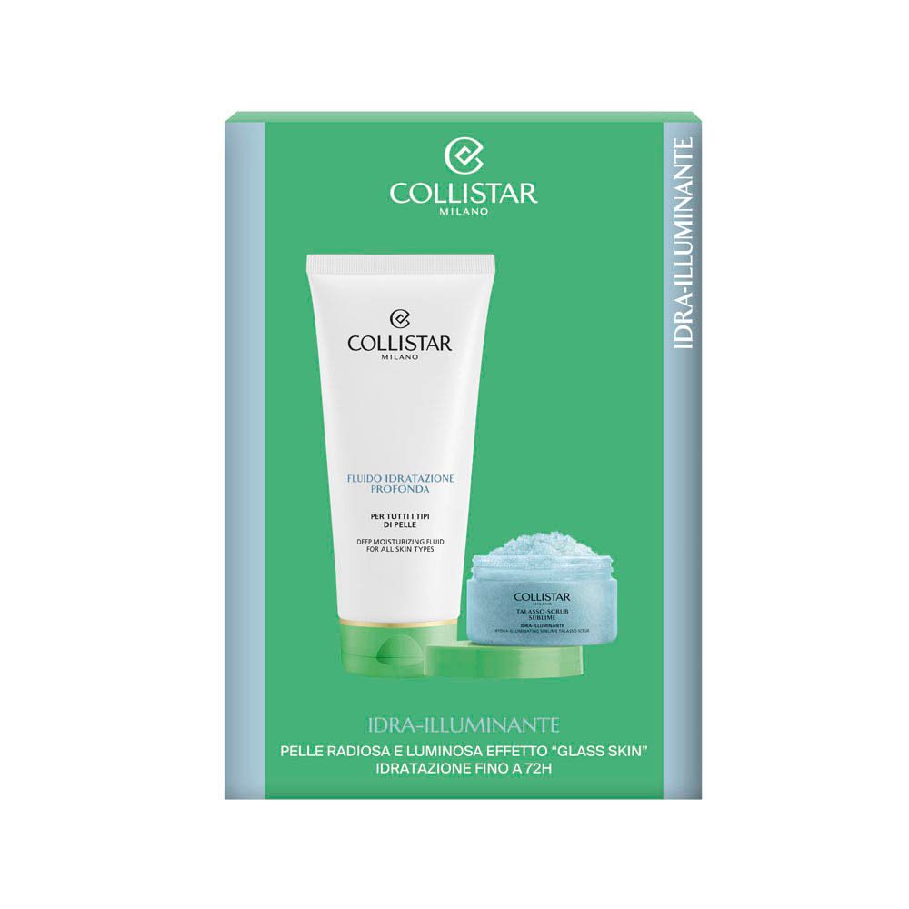 Set Collistar. Deux produits : fluide hydratant et Talasso-Scrub. Tube blanc et pot bleu sur socle vert.