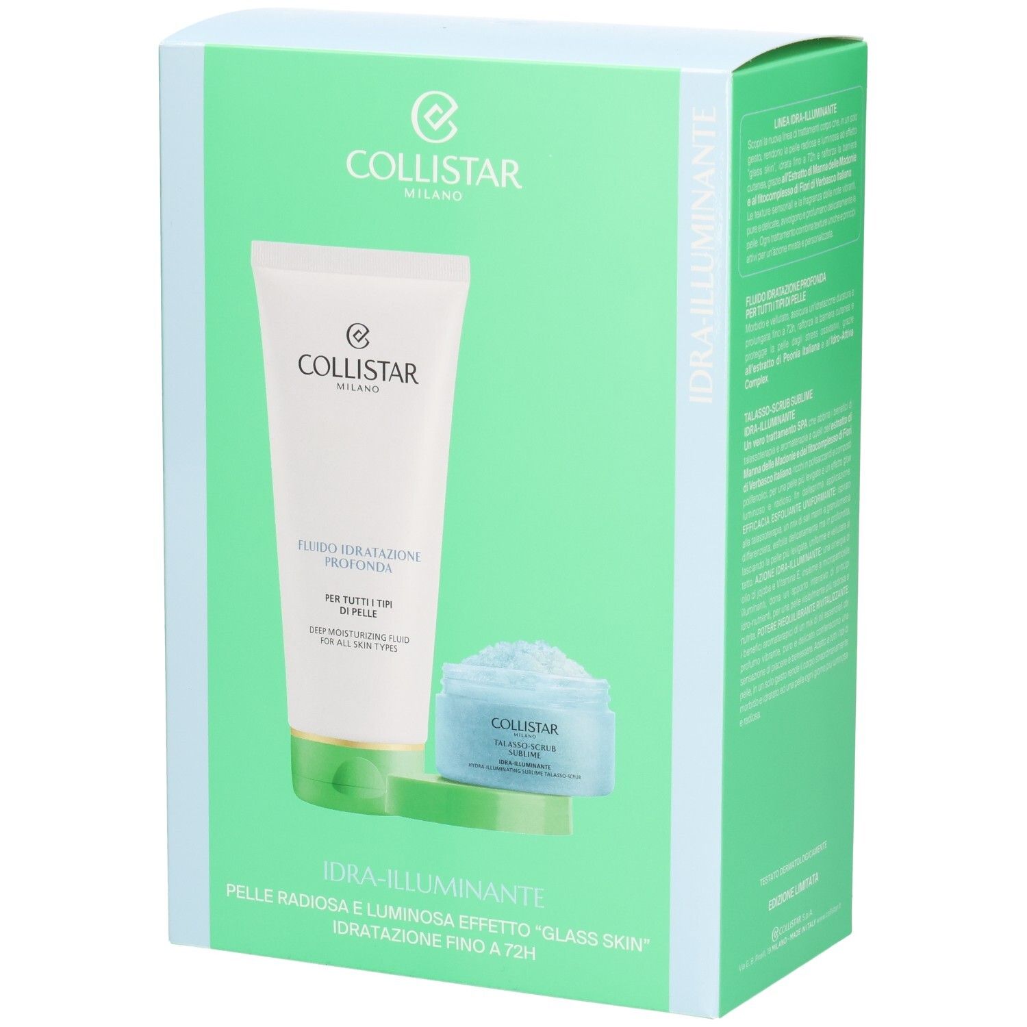 Collistar Discovery Set. Zwei Produkte in einer grünen Box. Tiefenwirksames Feuchtigkeitsfluid und Talasso-Scrub.