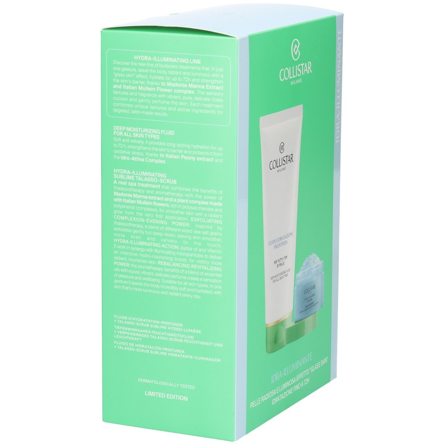 Grüne Box mit Text. Collistar, Hydra-Illuminating, Deep Moisturizing Fluid, Talasso-Scrub. Limited Edition.